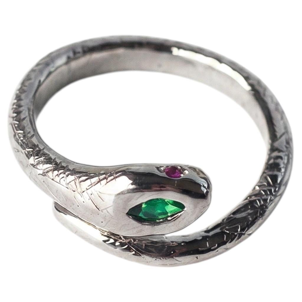 Serpent Ring Emerald Marquis Snake Ring Silver Diamond Open Adjustable J Dauphin For Sale