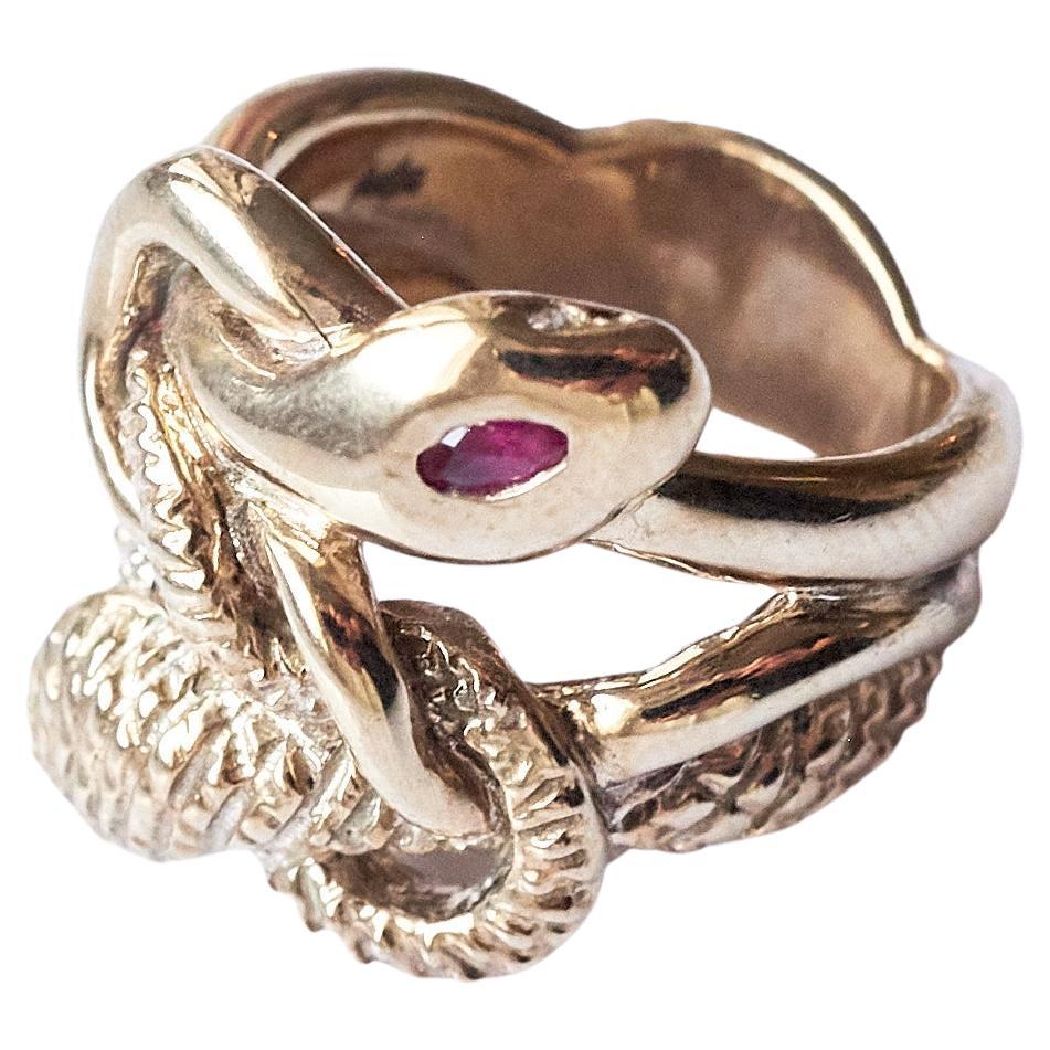 Victorian Ruby White Diamond Emerald Snake Ring 14k Gold For Sale
