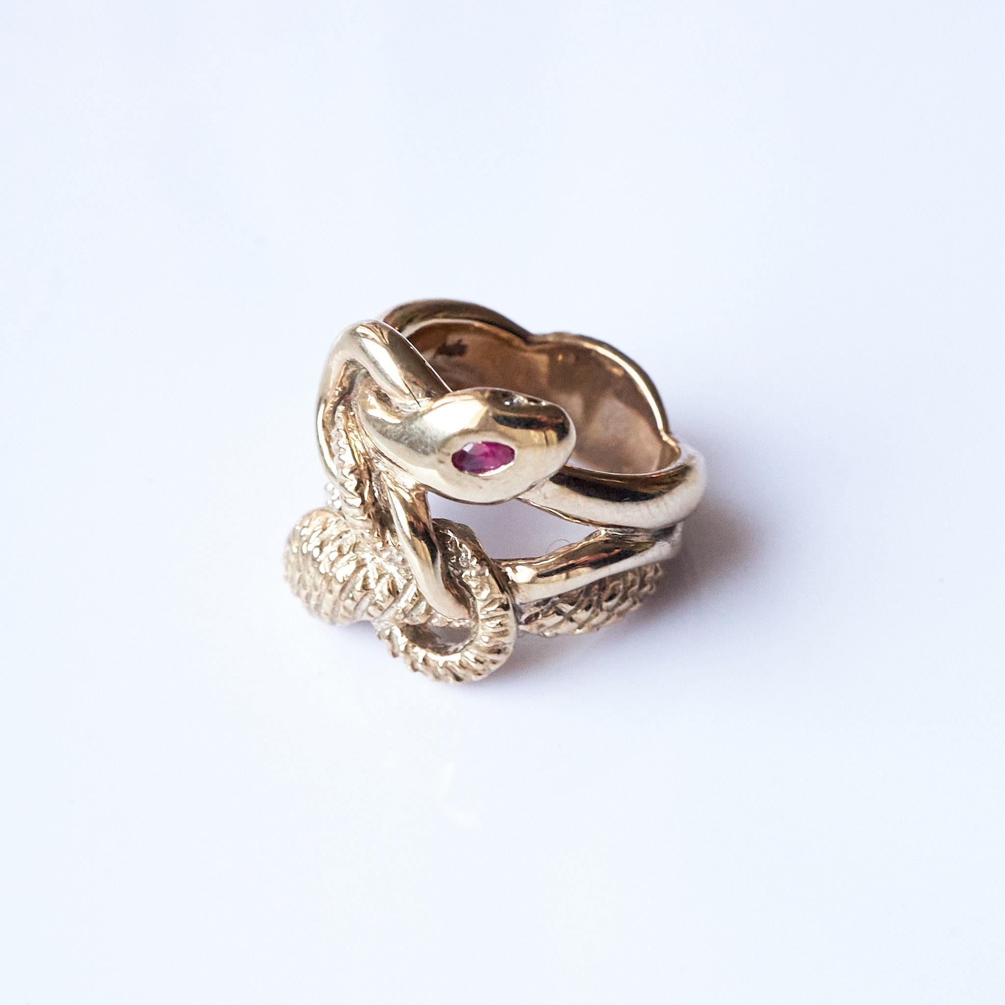 Marquise Cut Ruby White Diamond Emerald Snake Ring 14k Gold For Sale