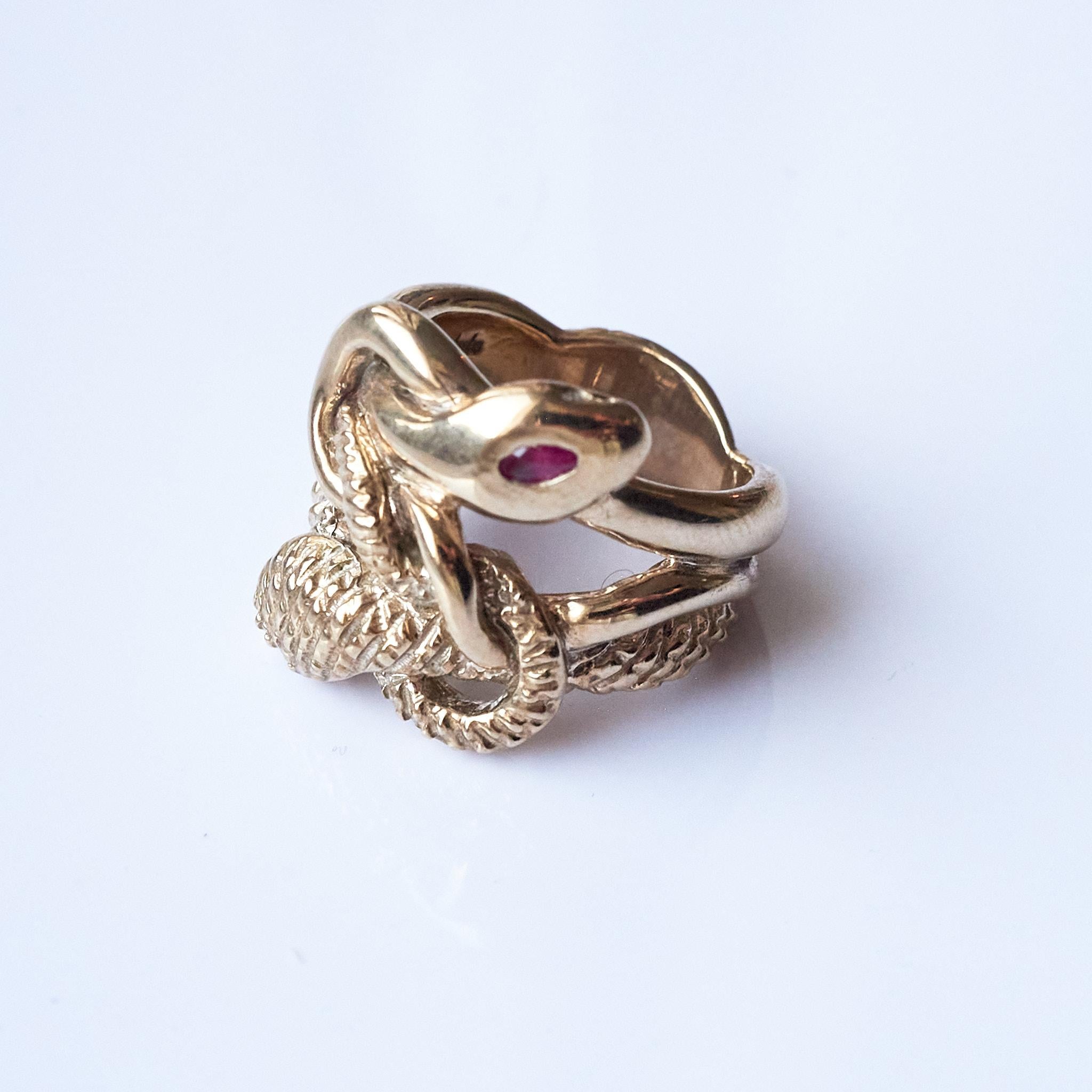 Women's Ruby White Diamond Emerald Snake Ring 14k Gold For Sale