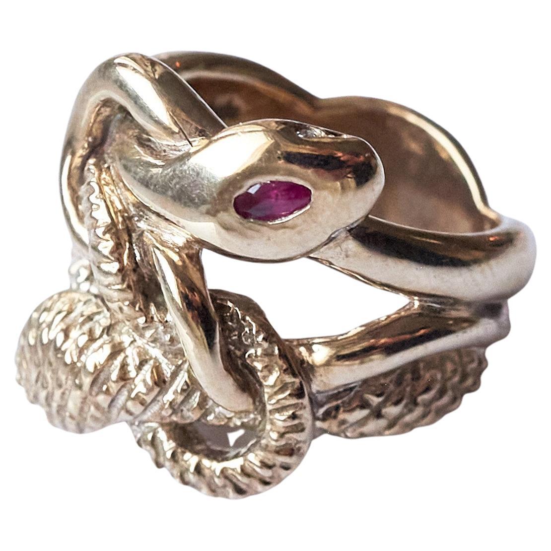 Ruby White Diamond Emerald Snake Ring 14k Gold