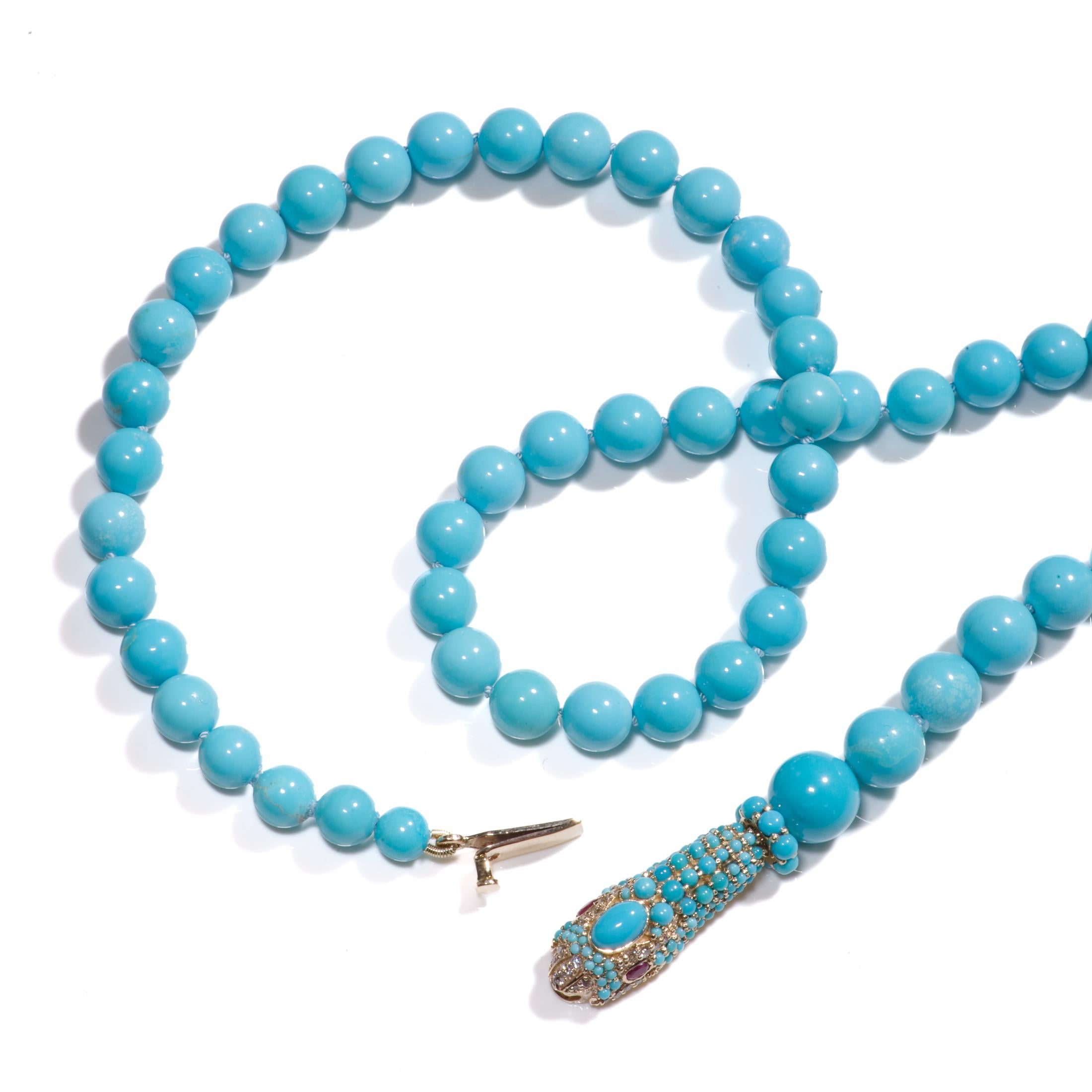 Moderno Collana Serpent Sleeping Beauty in turchese e diamanti in oro e rubino in vendita