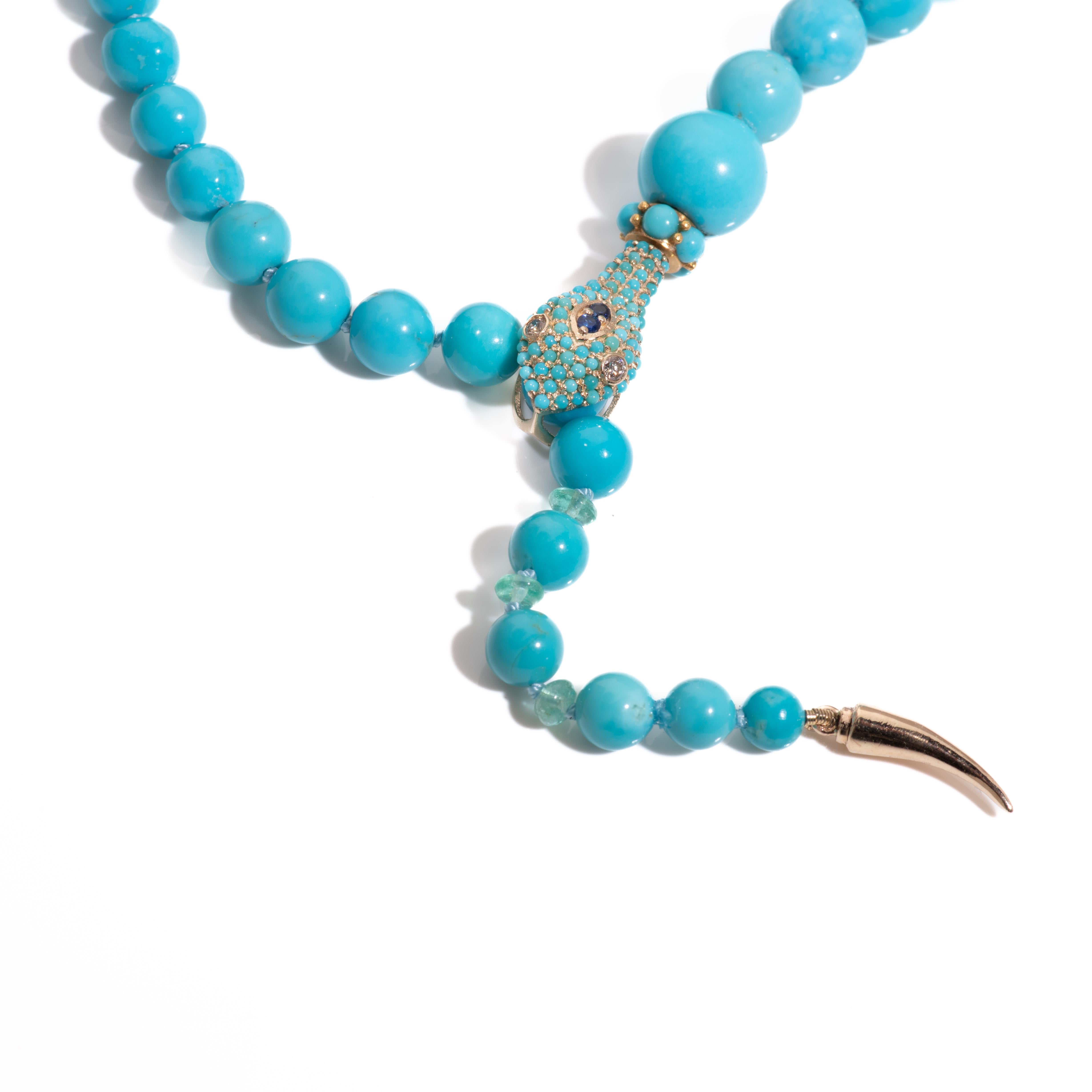 A regal giant 29 inch long handcrafted necklace with extremely rare and pure untreated Sleeping Beauty Turquoises, natural diamonds, colombian emeralds and genuine sapphires. This necklace features fine true Robinson Egg Blue turquoises from the