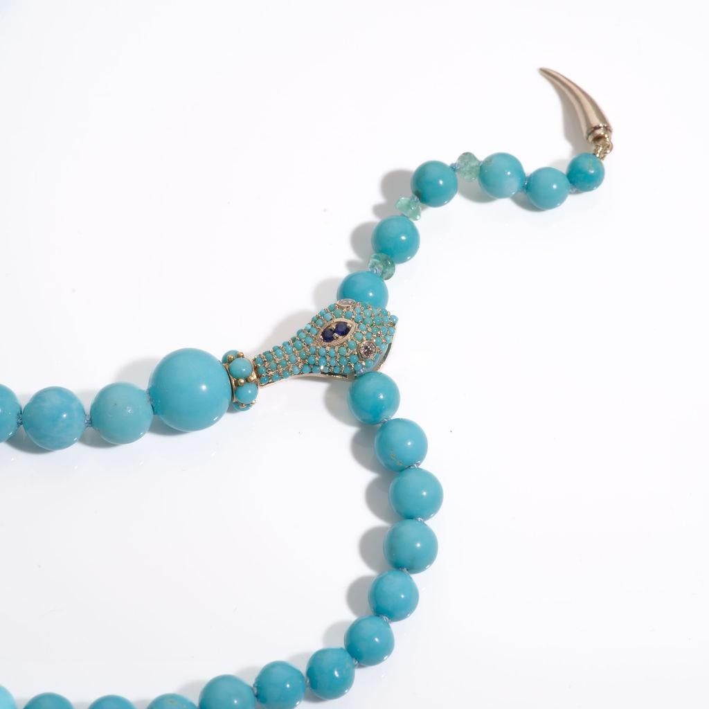 Serpent Sleeping Beauty Turquoise, Sapphire & Diamonds Gold Emeralds Necklace In New Condition For Sale In GOES, NL