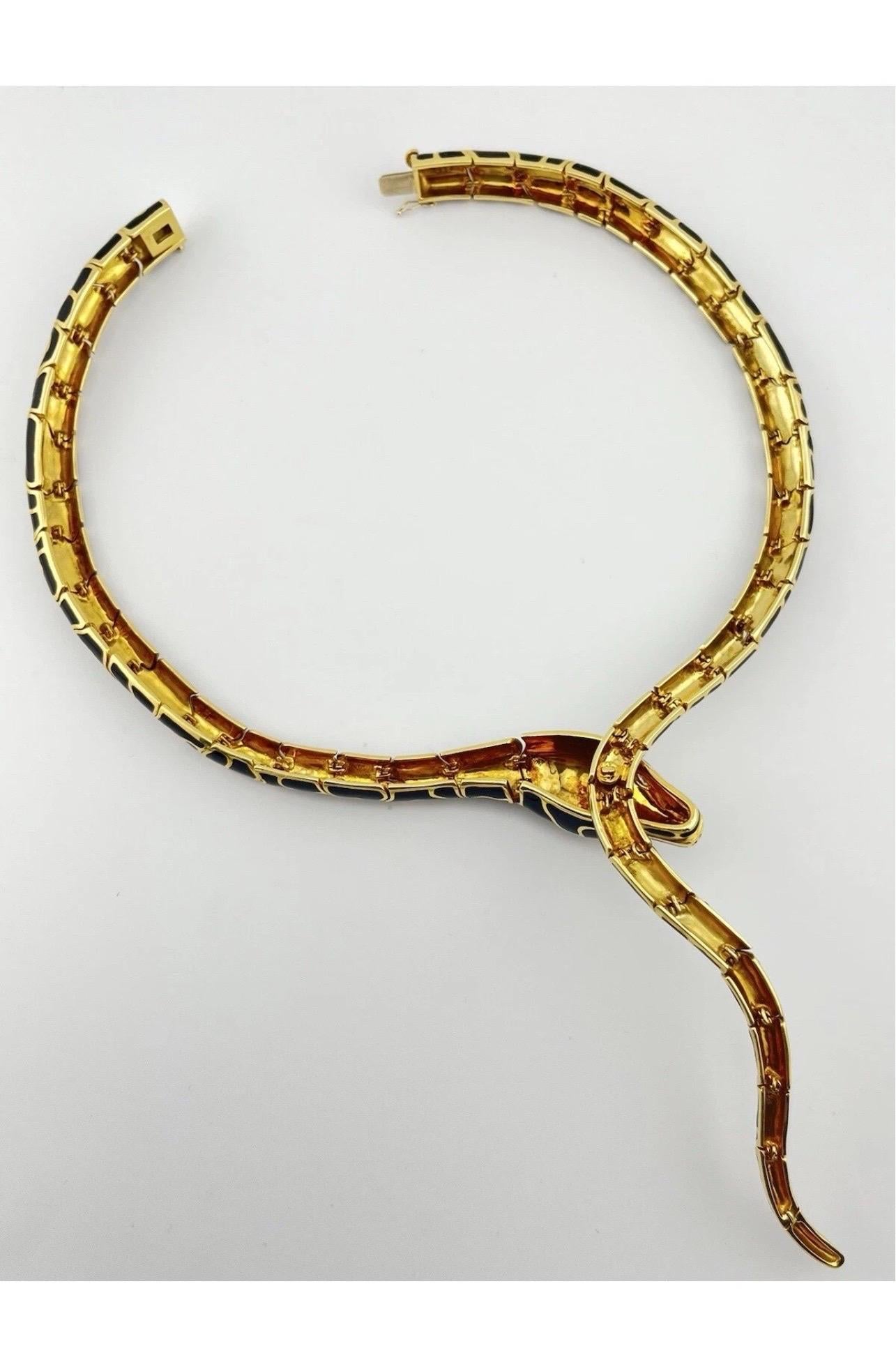 Serpent Snake 18k Yellow Gold Black Enamel Italian Necklace For Sale 9