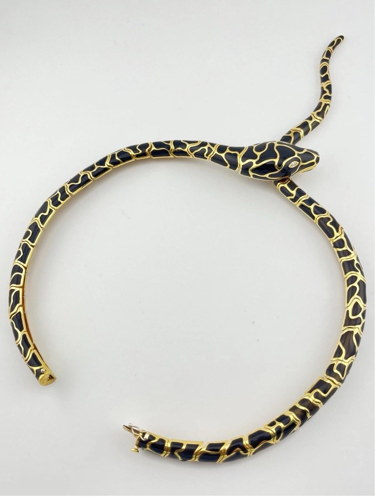 Serpent Snake 18k Yellow Gold Black Enamel Italian Necklace For Sale 10