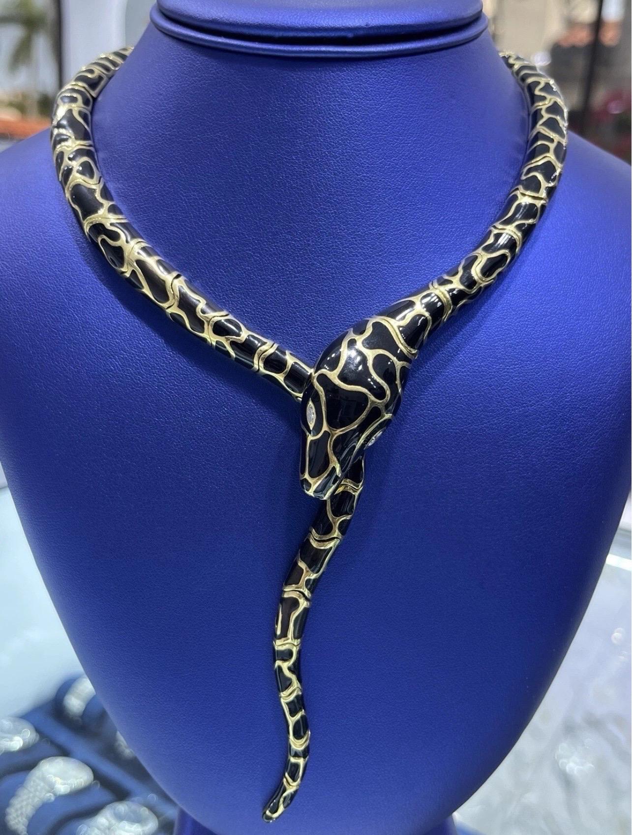 Serpent Snake 18k Yellow Gold Black Enamel Italian Necklace In Good Condition For Sale In Boca Raton, FL