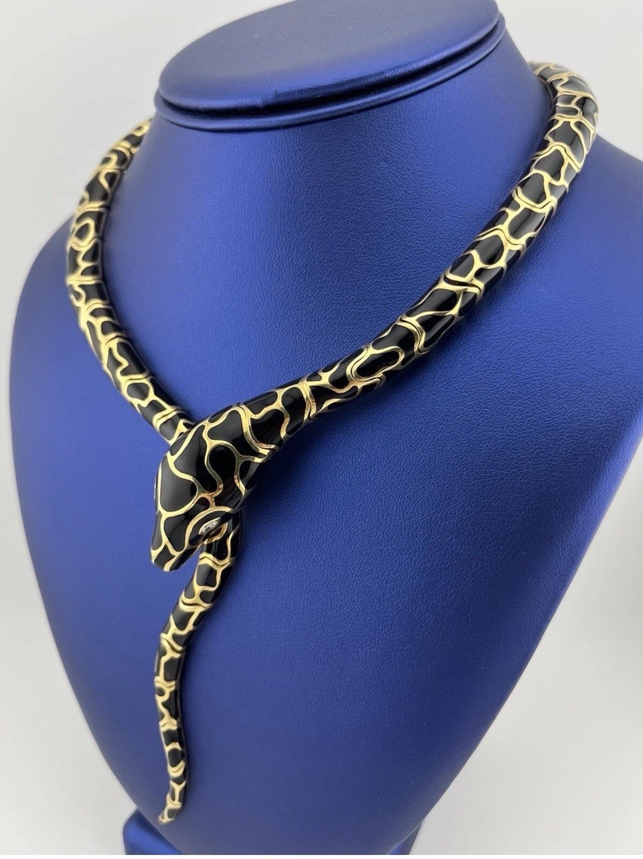 Women's Serpent Snake 18k Yellow Gold Black Enamel Italian Necklace For Sale