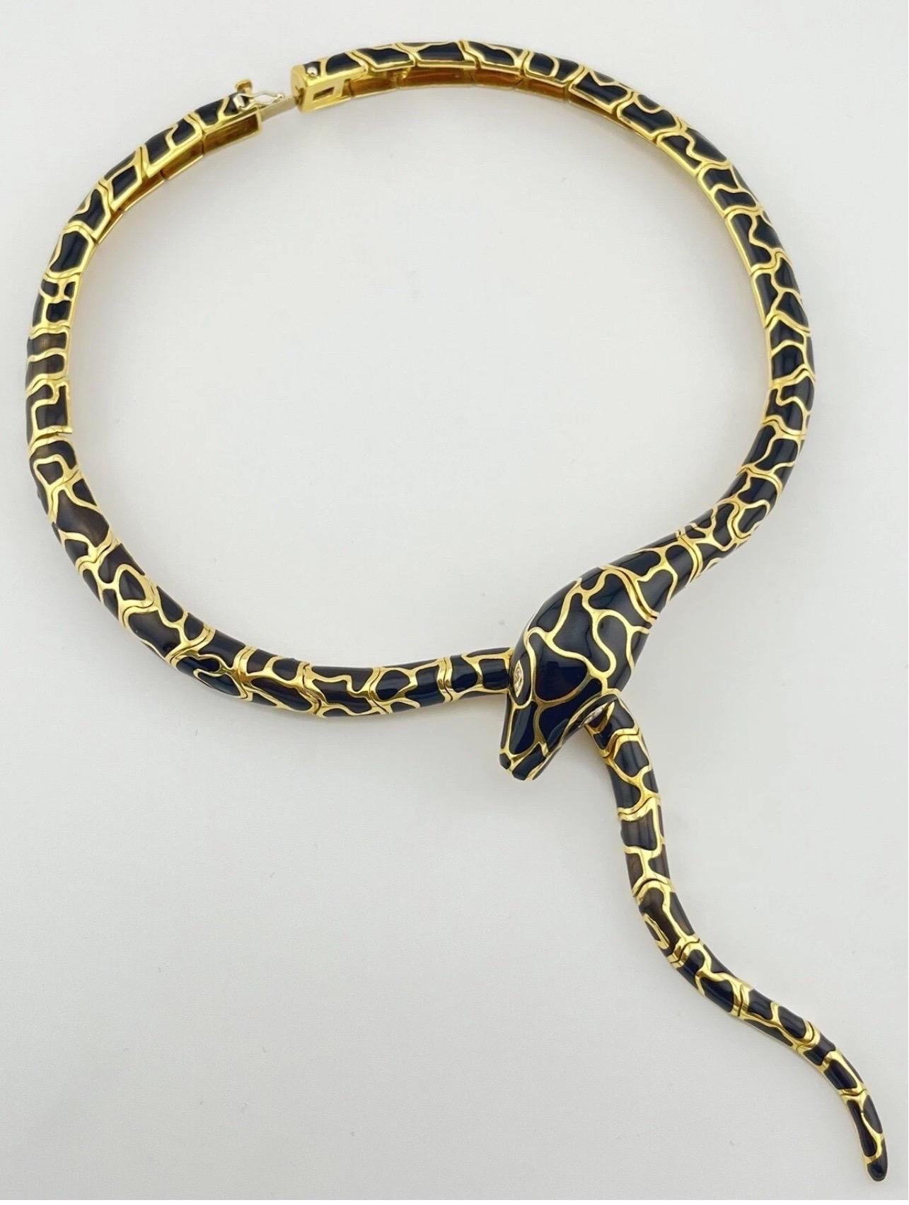 Serpent Snake 18k Yellow Gold Black Enamel Italian Necklace For Sale 1