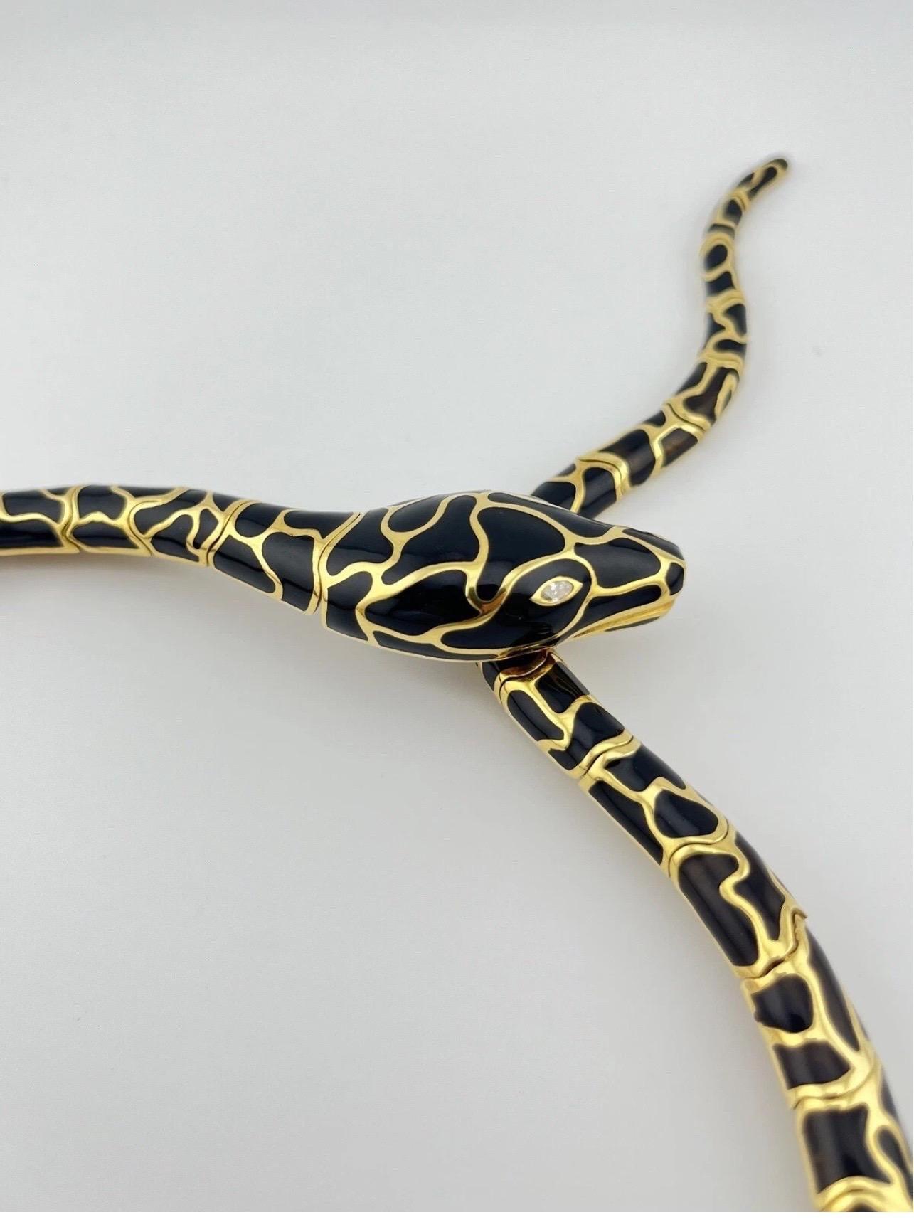 Serpent Snake 18k Yellow Gold Black Enamel Italian Necklace For Sale 2