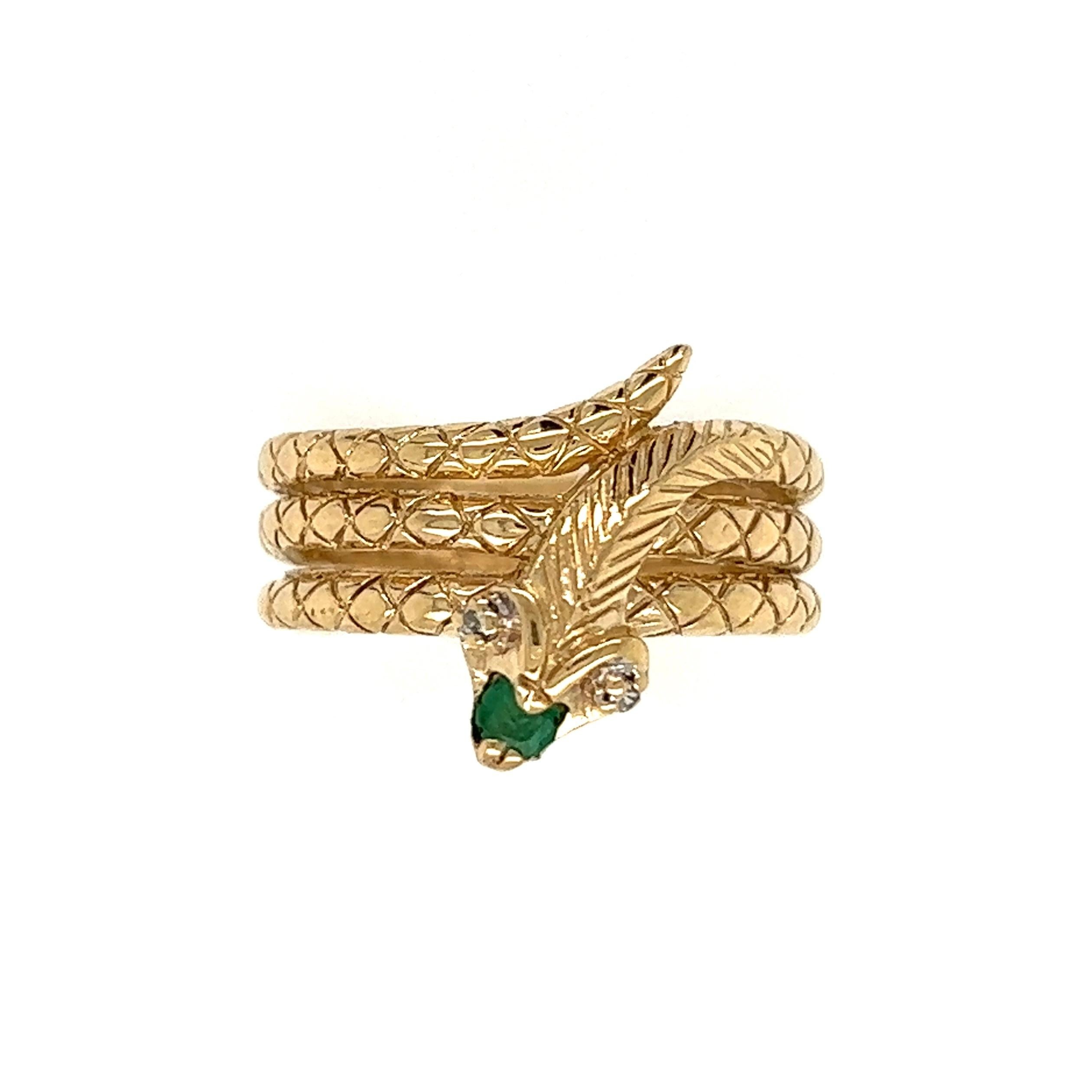 Round Cut Serpent Snake Wrap Emerald and Diamond Gold Ring