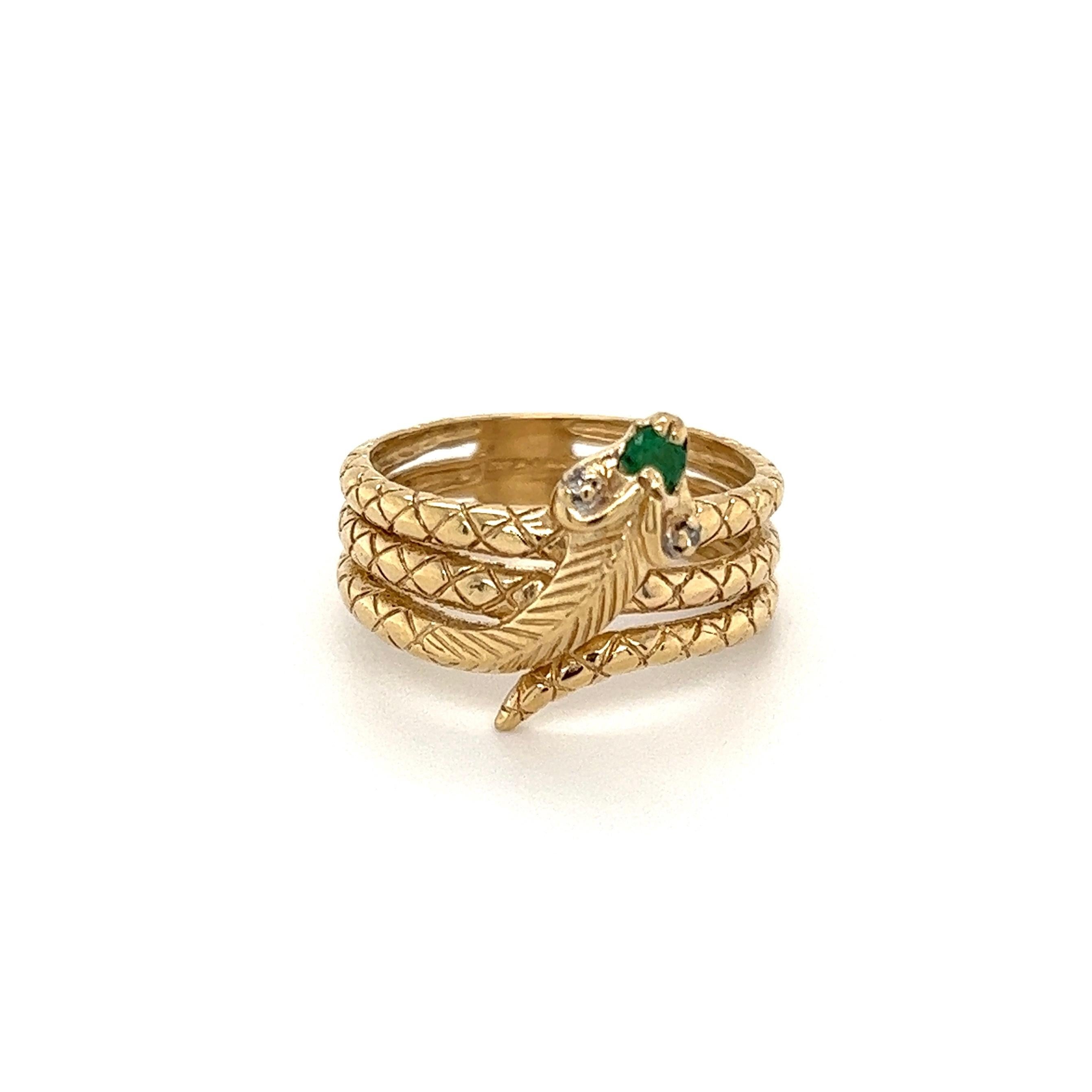 Serpent Snake Wrap Emerald and Diamond Gold Ring 1