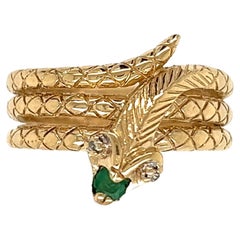 Serpent Snake Wrap Emerald and Diamond Gold Ring