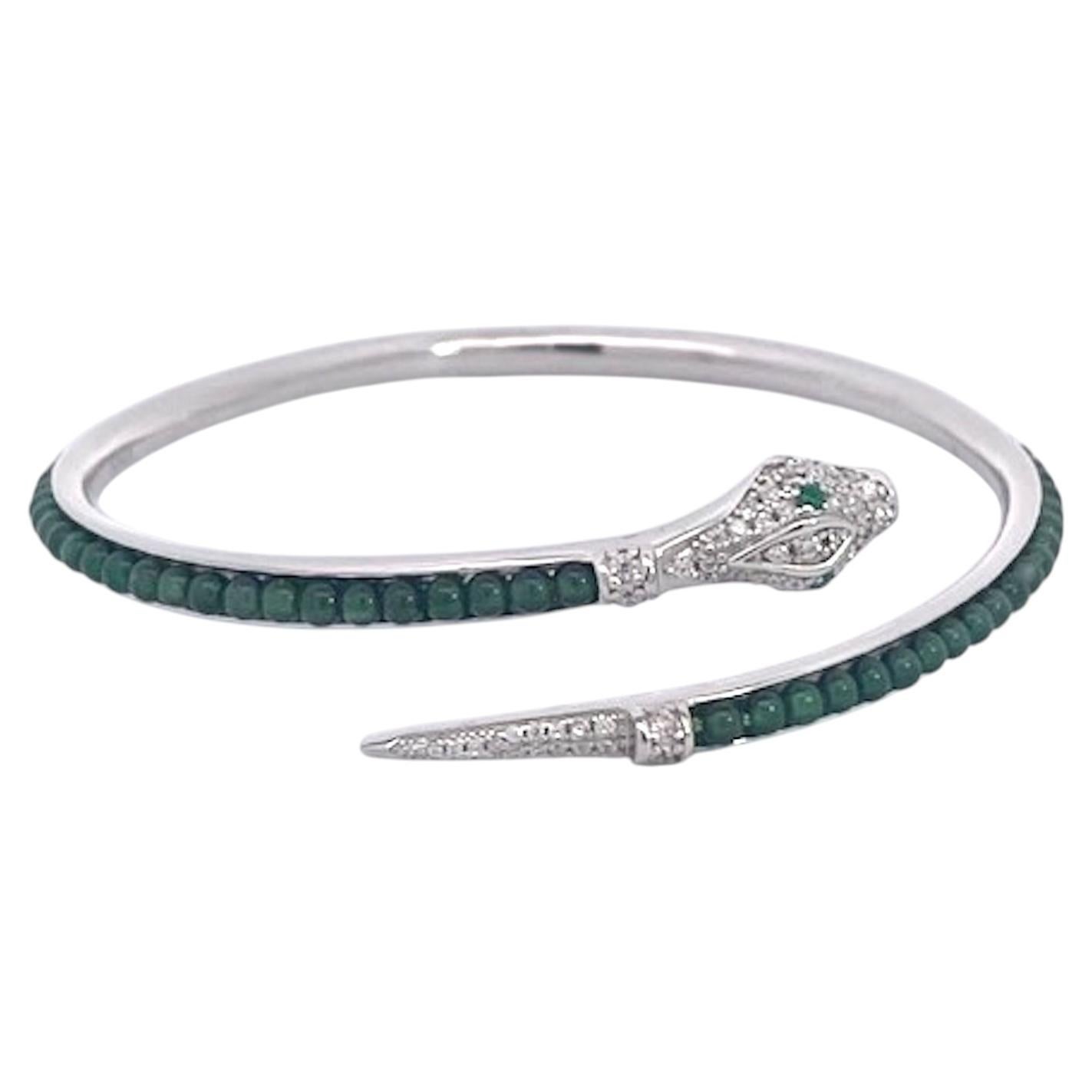 Serpent Wrap Bangle with Green Jade Beads and Cubic Zirconia