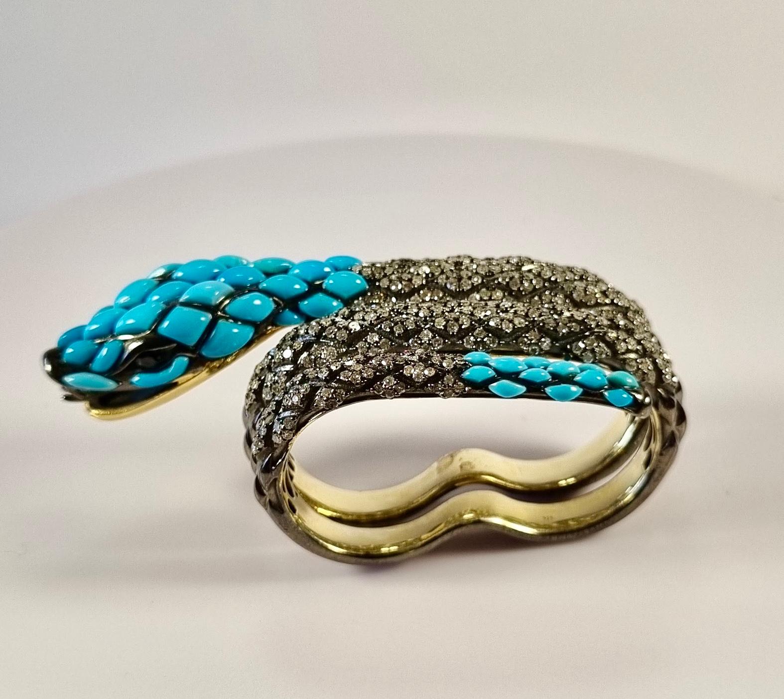 Brilliant Cut Serpenti Sling Ring Turquoise, Sapphire and Diamonds in 18k Gold and Silver For Sale