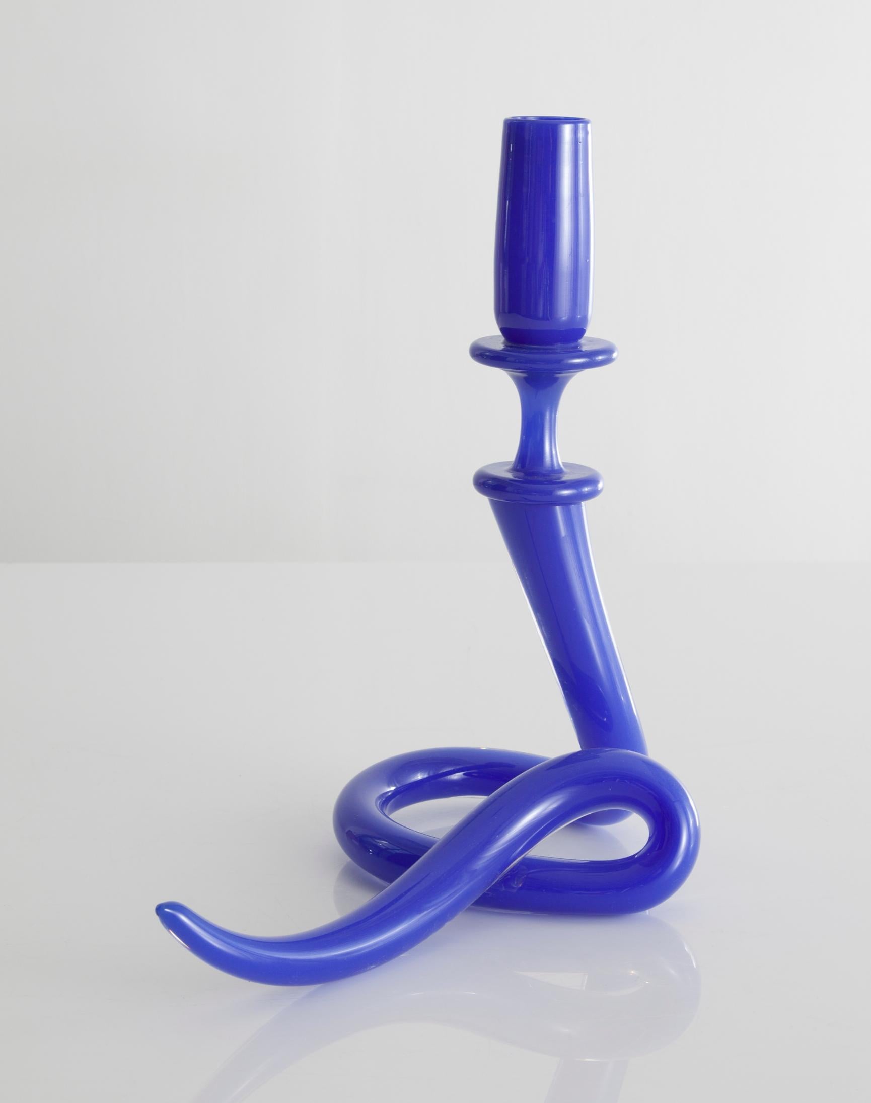 Unique single serpentine light sculpture in blue hand blown glass. Designed and made by Jeff Zimmerman, USA, 2014.

Limited number available. Please note that each item may differ slightly in color and shape.