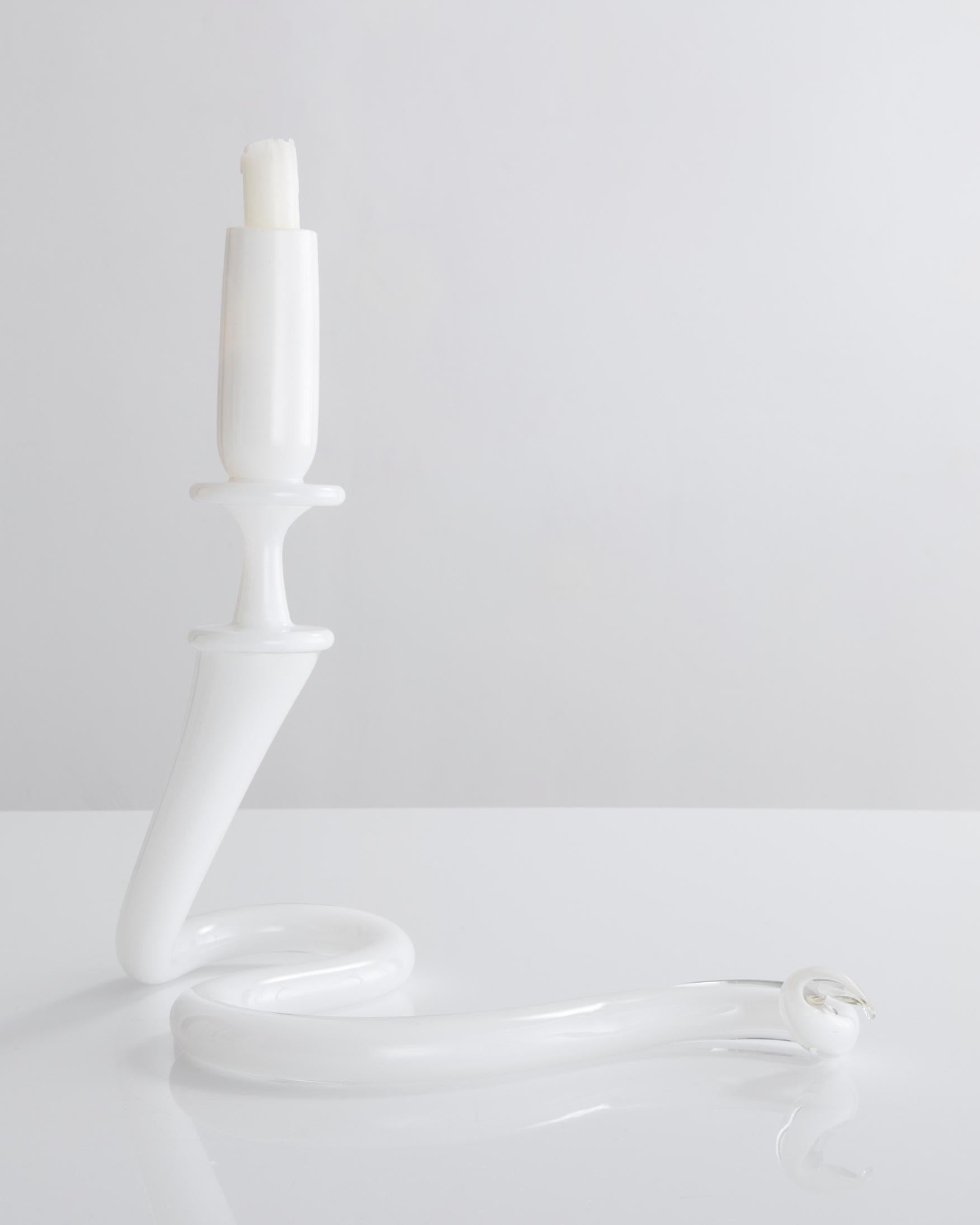 Unique single serpentine light sculpture in white hand blown glass. Designed and made by Jeff Zimmerman, USA, 2017.

Limited number available. Please note that each item may differ slightly in color and shape.
