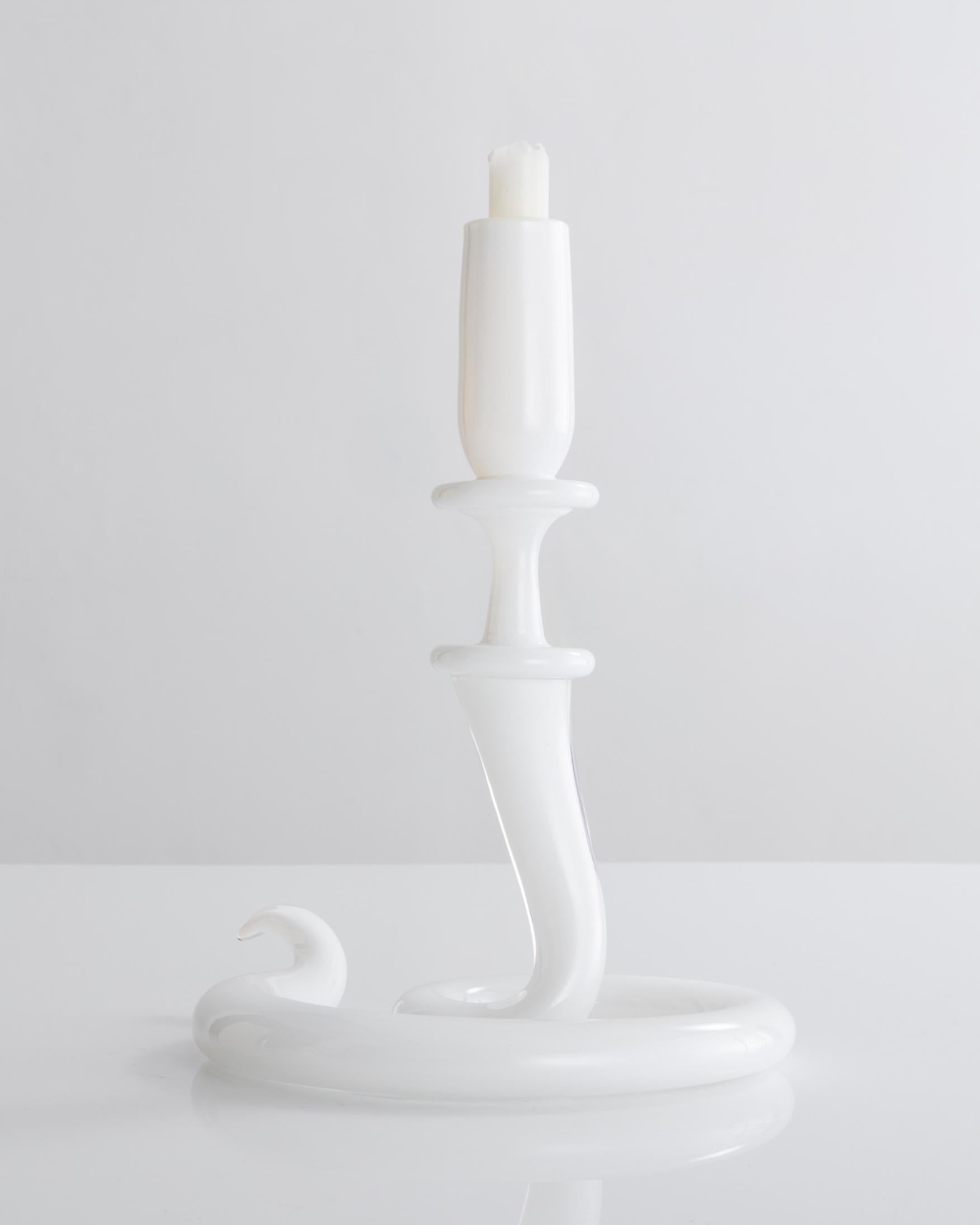 Unique single serpentine light sculpture in white hand blown glass. Designed and made by Jeff Zimmerman, USA, 2017.

Limited number available. Please note that each item may differ slightly in color and shape.