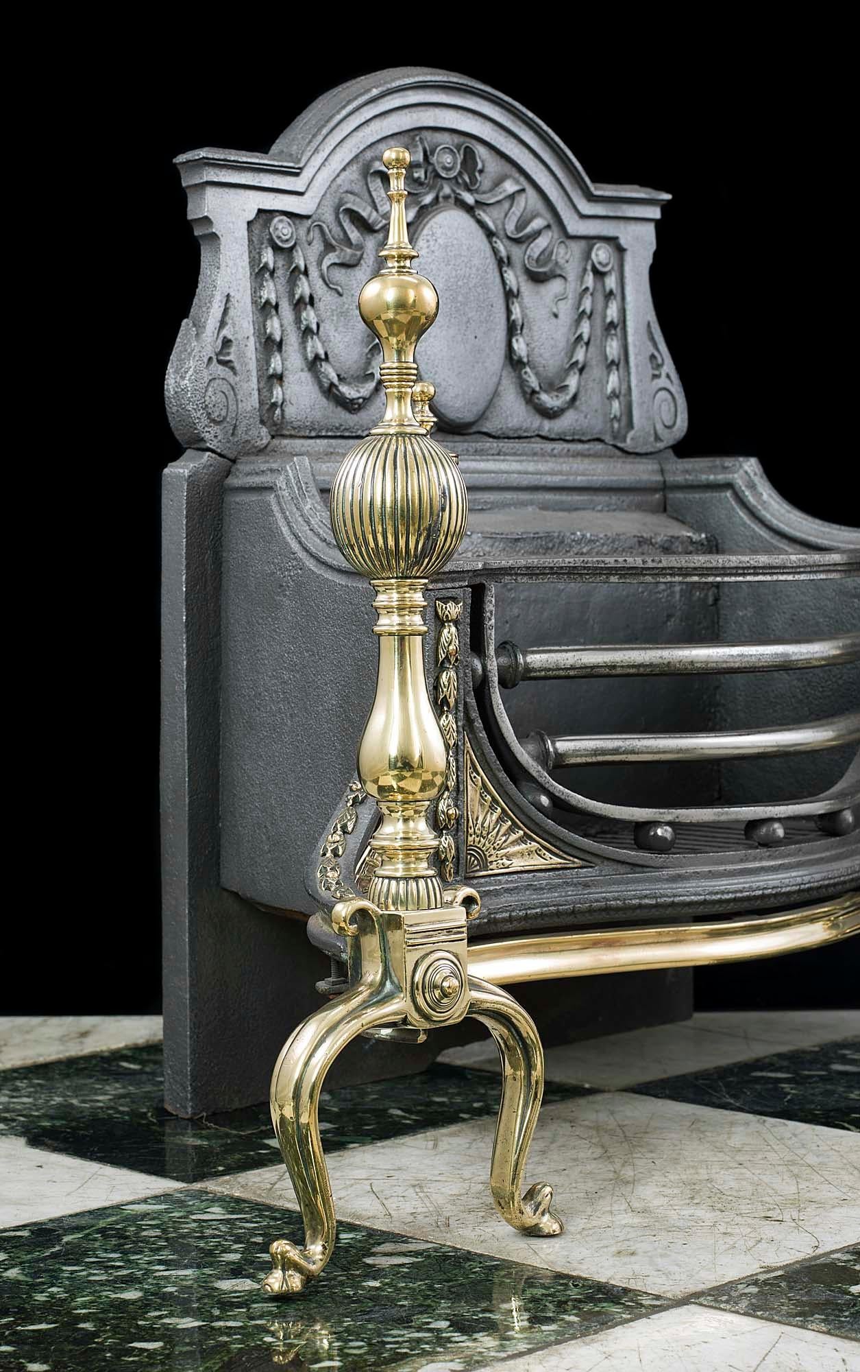 English Serpentine Cast Iron and Brass Fire Grate in the Georgian Manner