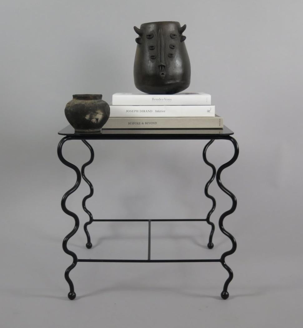 Welded 'Serpentine' Cocktail Table with Black Glass Top For Sale
