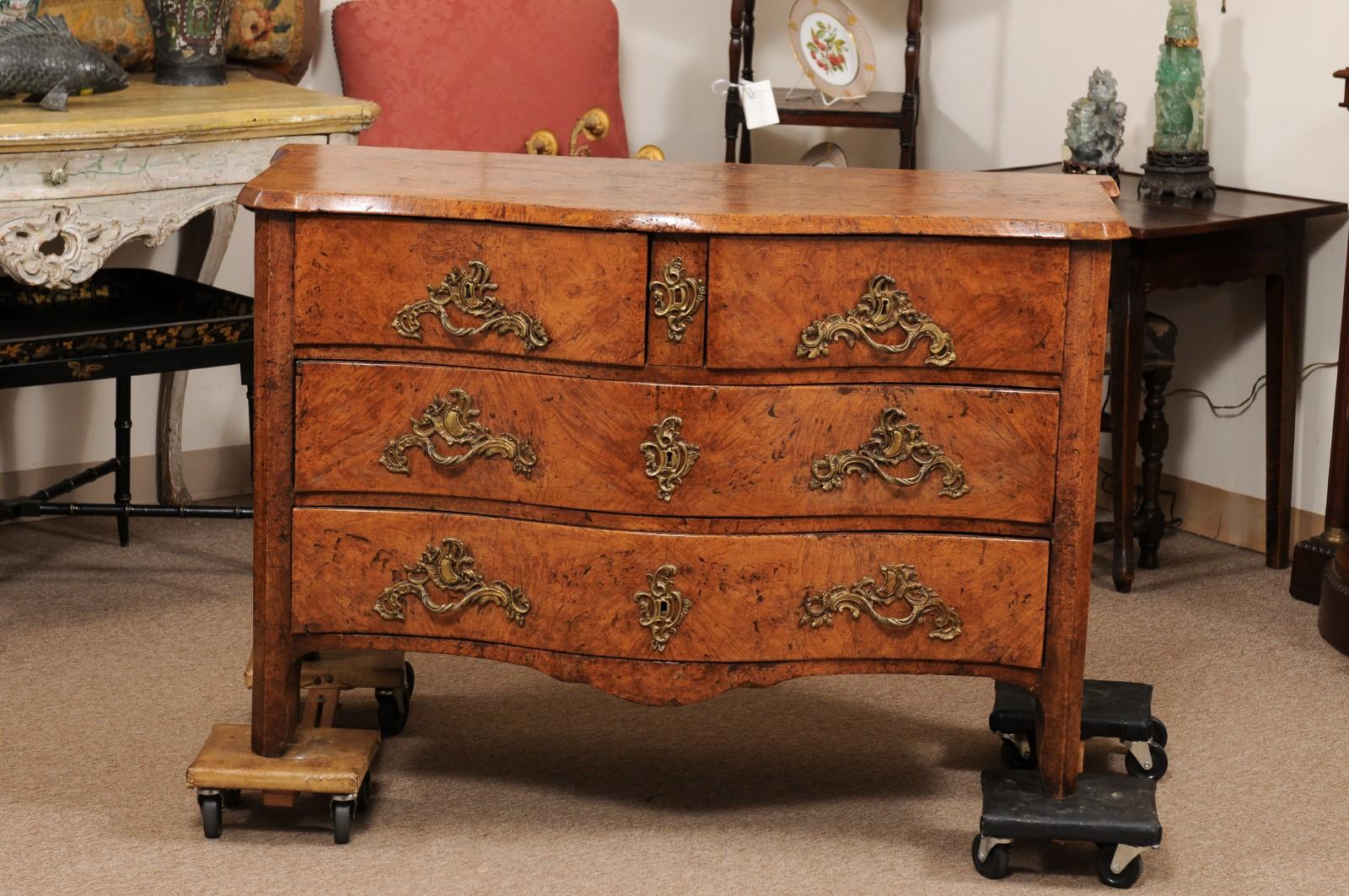 Italian Serpentine Commode in Burled Elm with 4 Drawers & Bronze Hardware, 18th Century  For Sale