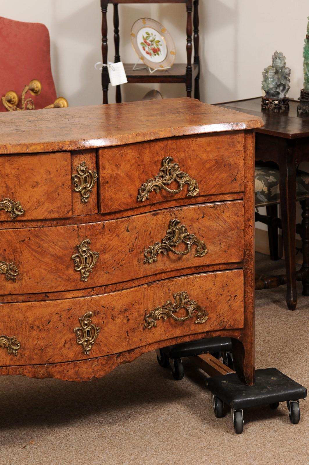 Serpentine Commode in Burled Elm with 4 Drawers & Bronze Hardware, 18th Century  For Sale 2