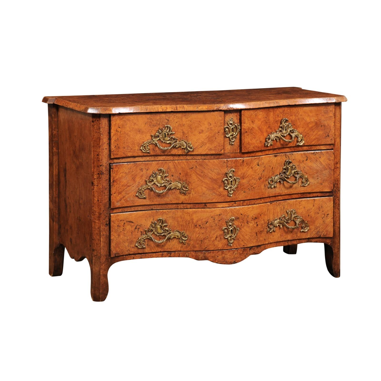 Serpentine Commode in Burled Elm with 4 Drawers & Bronze Hardware, 18th Century  For Sale