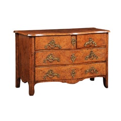 Antique Serpentine Commode in Burled Elm with 4 Drawers & Bronze Hardware, 18th Century 
