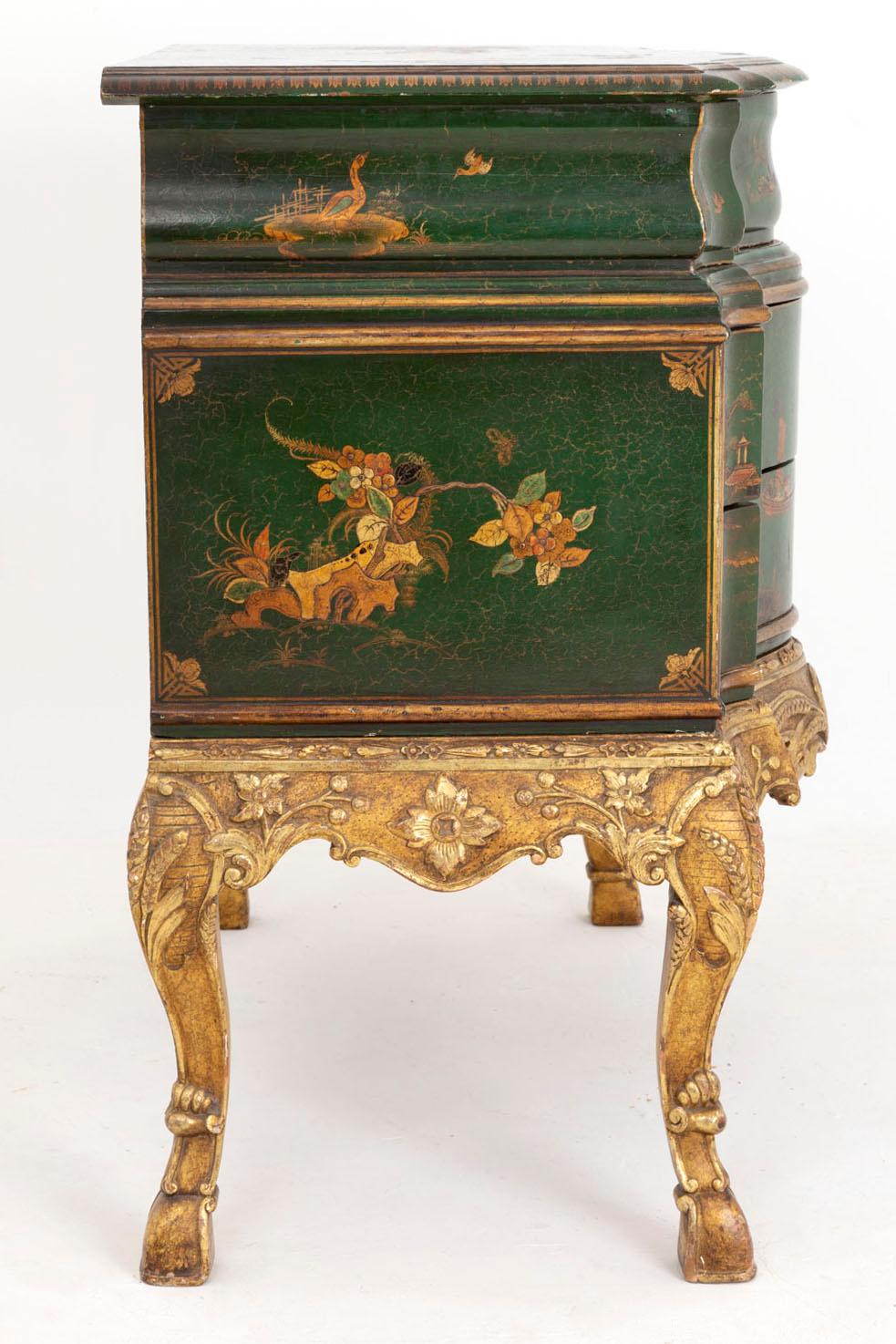 Rococo Serpentine Commode in Green Lacquered Wood, Chinese Decoration, 1950s