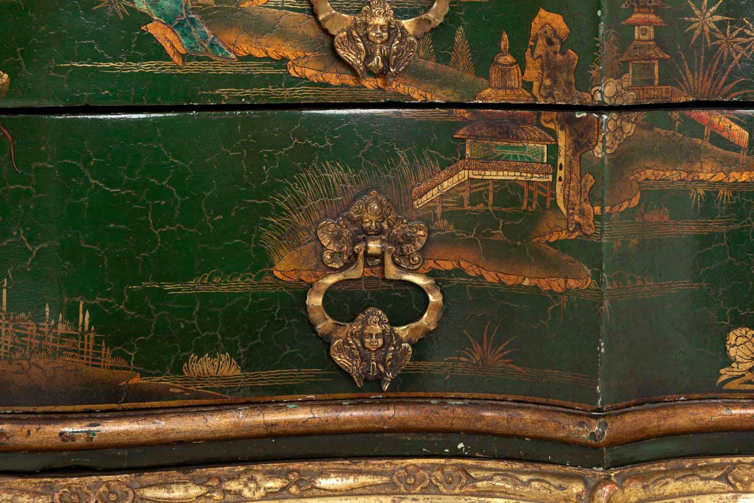 Serpentine Commode in Green Lacquered Wood, Chinese Decoration, 1950s (Bronze)