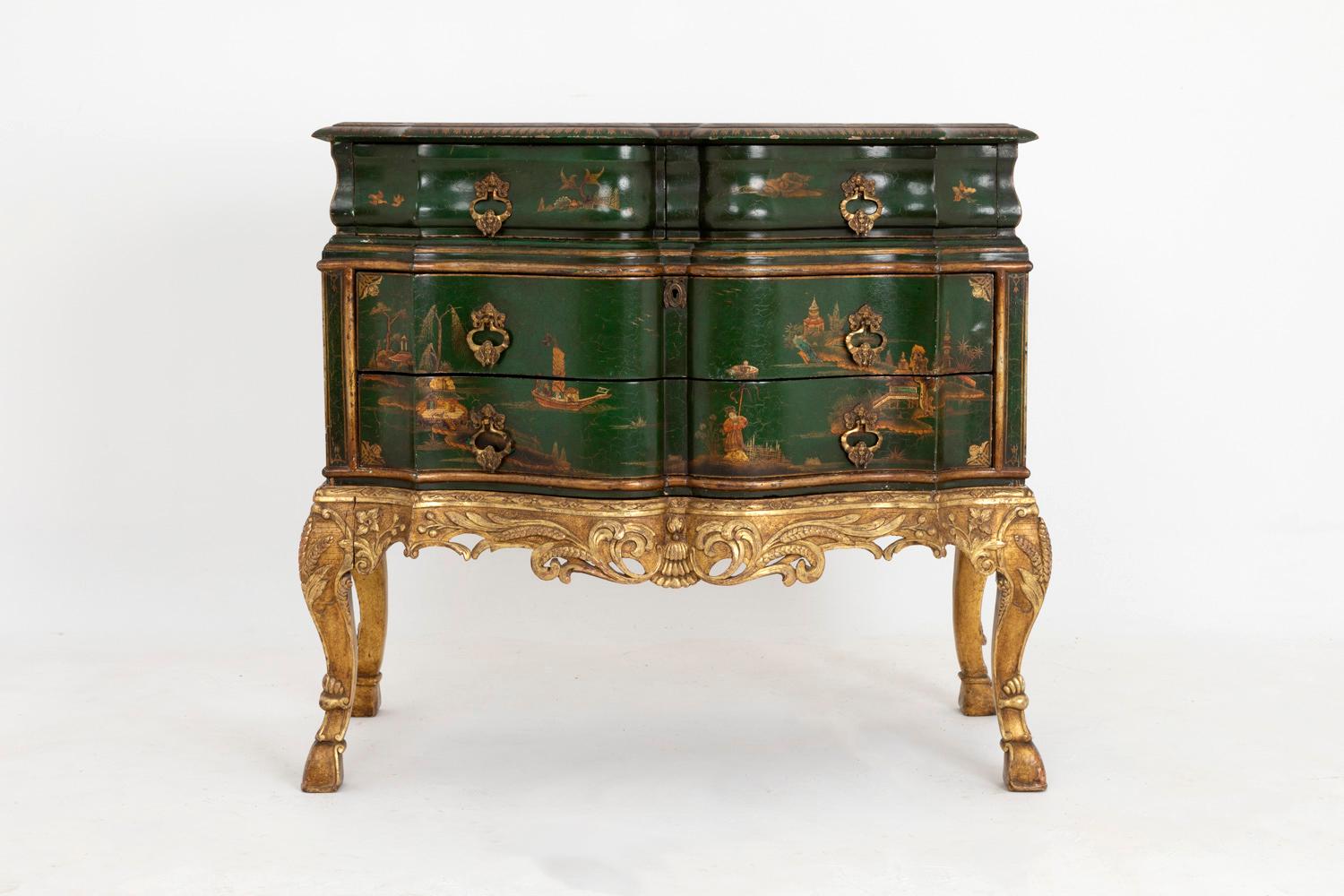 Serpentine Commode in Green Lacquered Wood, Chinese Decoration, 1950s 1