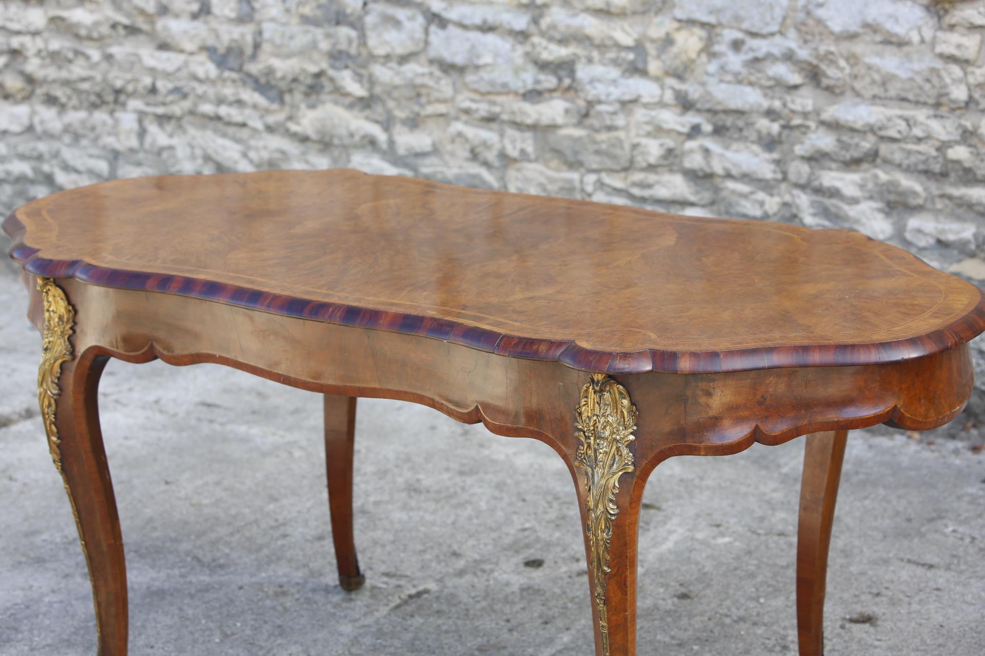Inlay Serpentine Desk Burr Walnut Ormolu Center Table Satinwood Cabriole Legs 19th C For Sale