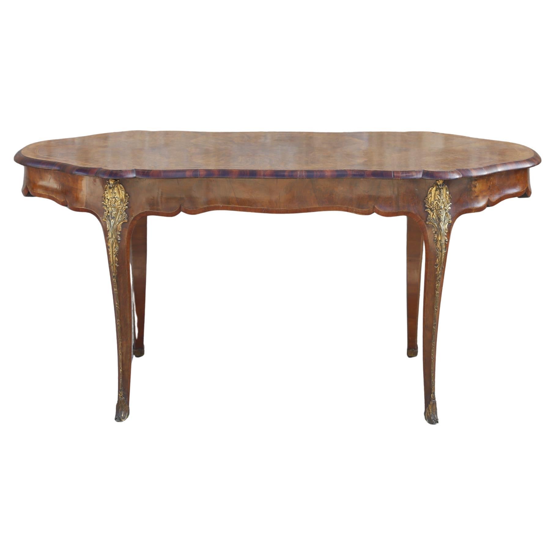 Serpentine Desk Burr Walnut Ormolu Center Table Satinwood Cabriole Legs 19th C