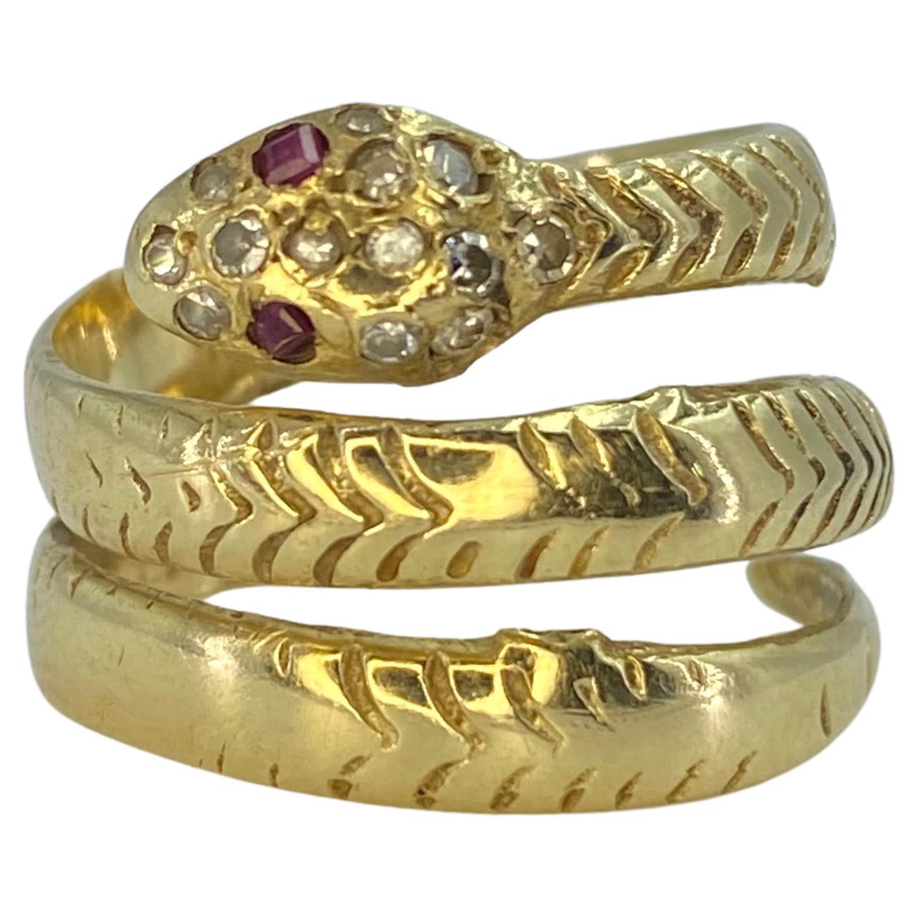 Serpentine Diamond and Ruby Pave 14k Solid Gold Snake Ring For Sale
