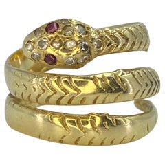 Serpentine Diamond and Ruby Pave 14k Solid Gold Snake Ring