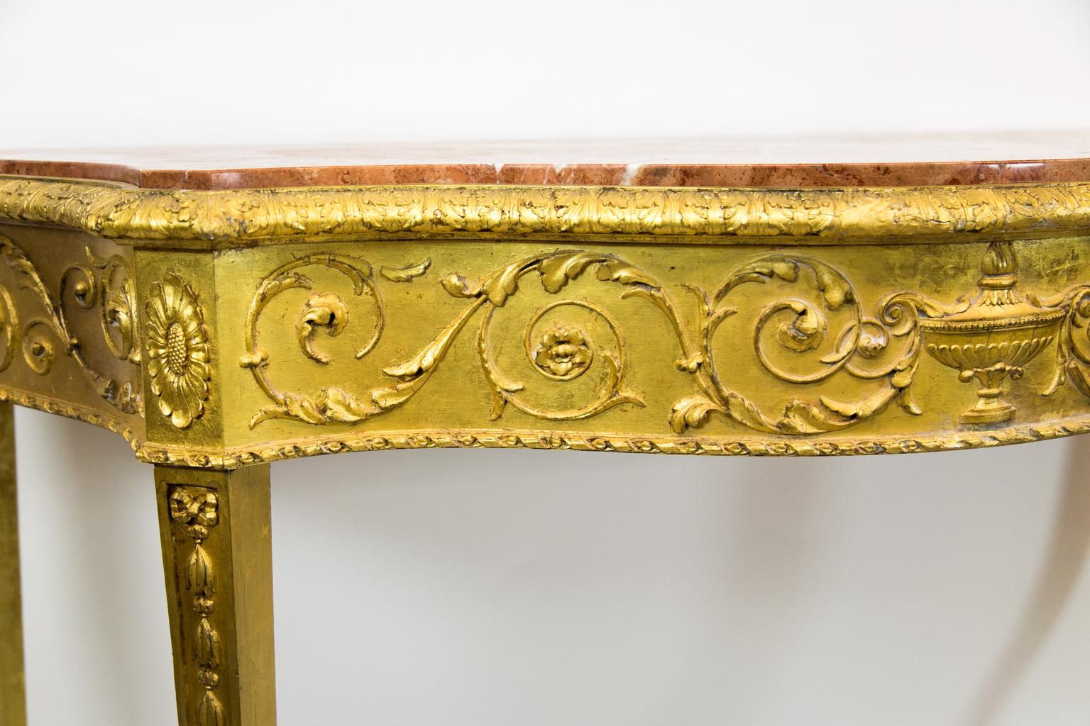 Wood Serpentine English Marble-Top Gilt Console Table For Sale