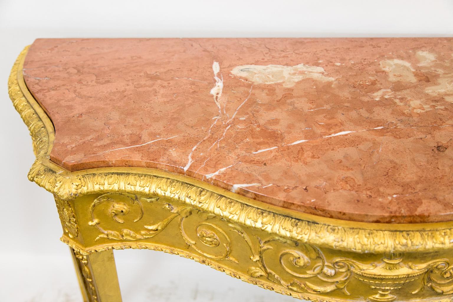 Wood Serpentine English Marble-Top Gilt Console Table For Sale