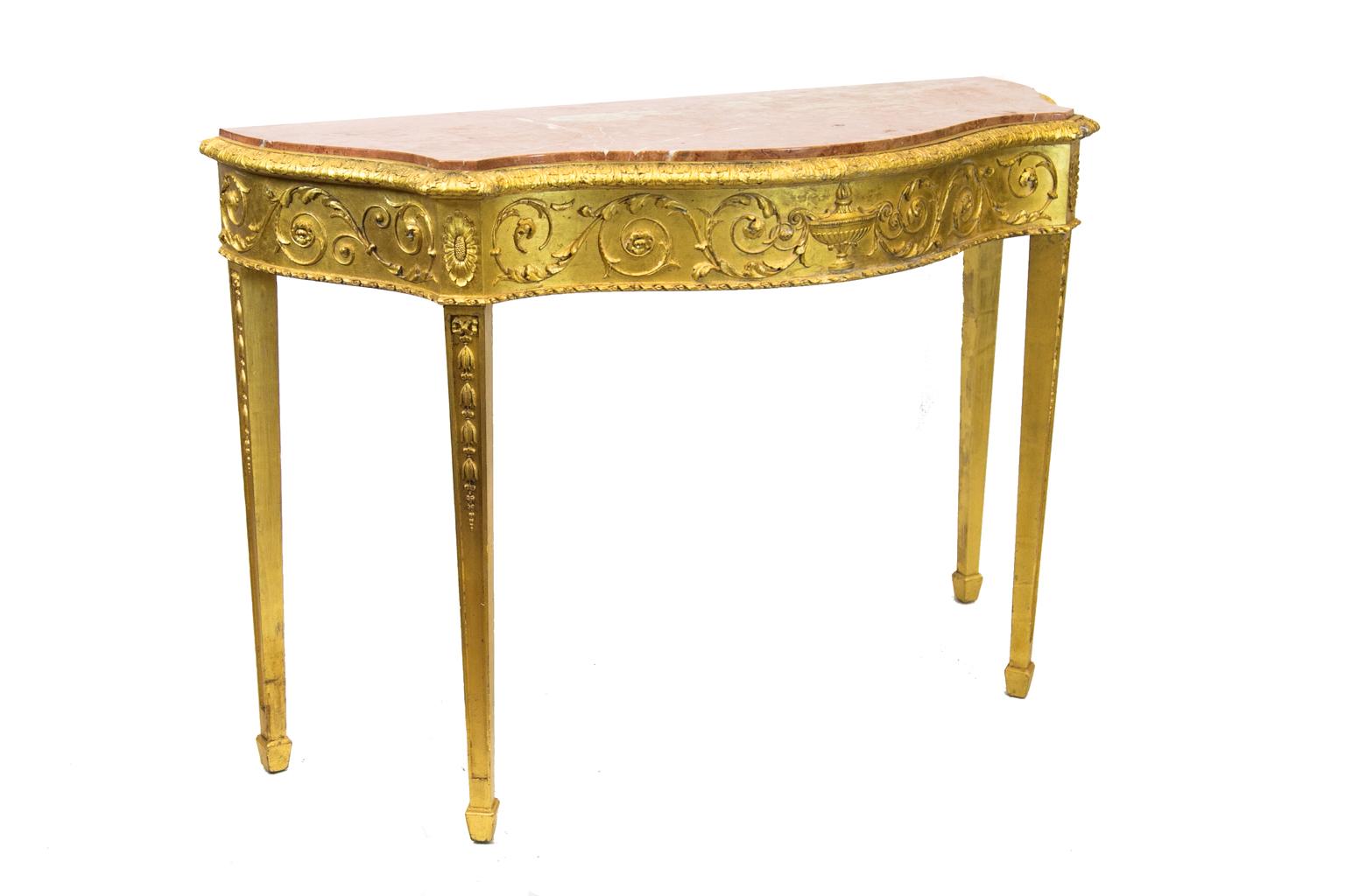 Serpentine English Marble-Top Gilt Console Table For Sale 2