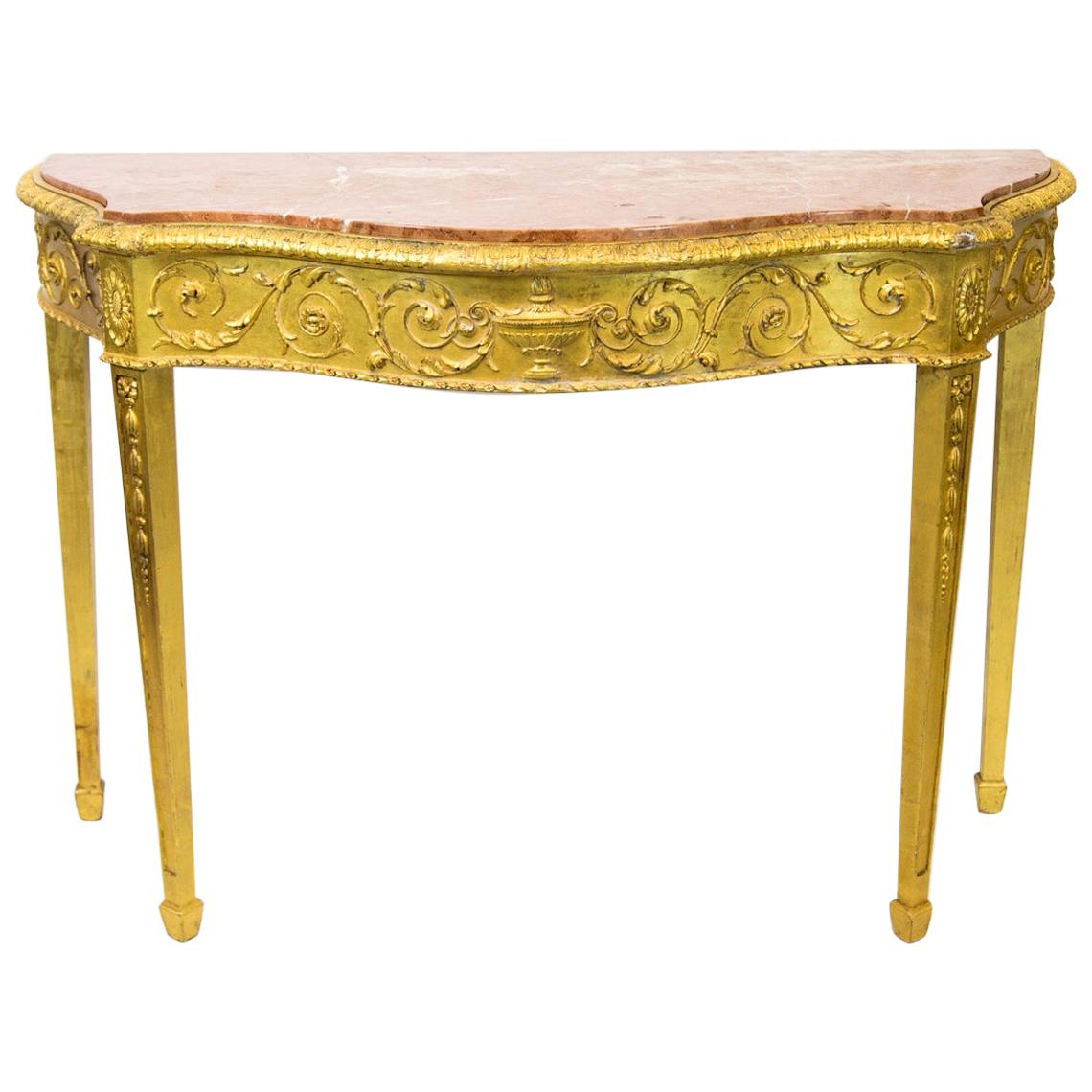 Serpentine English Marble-Top Gilt Console Table