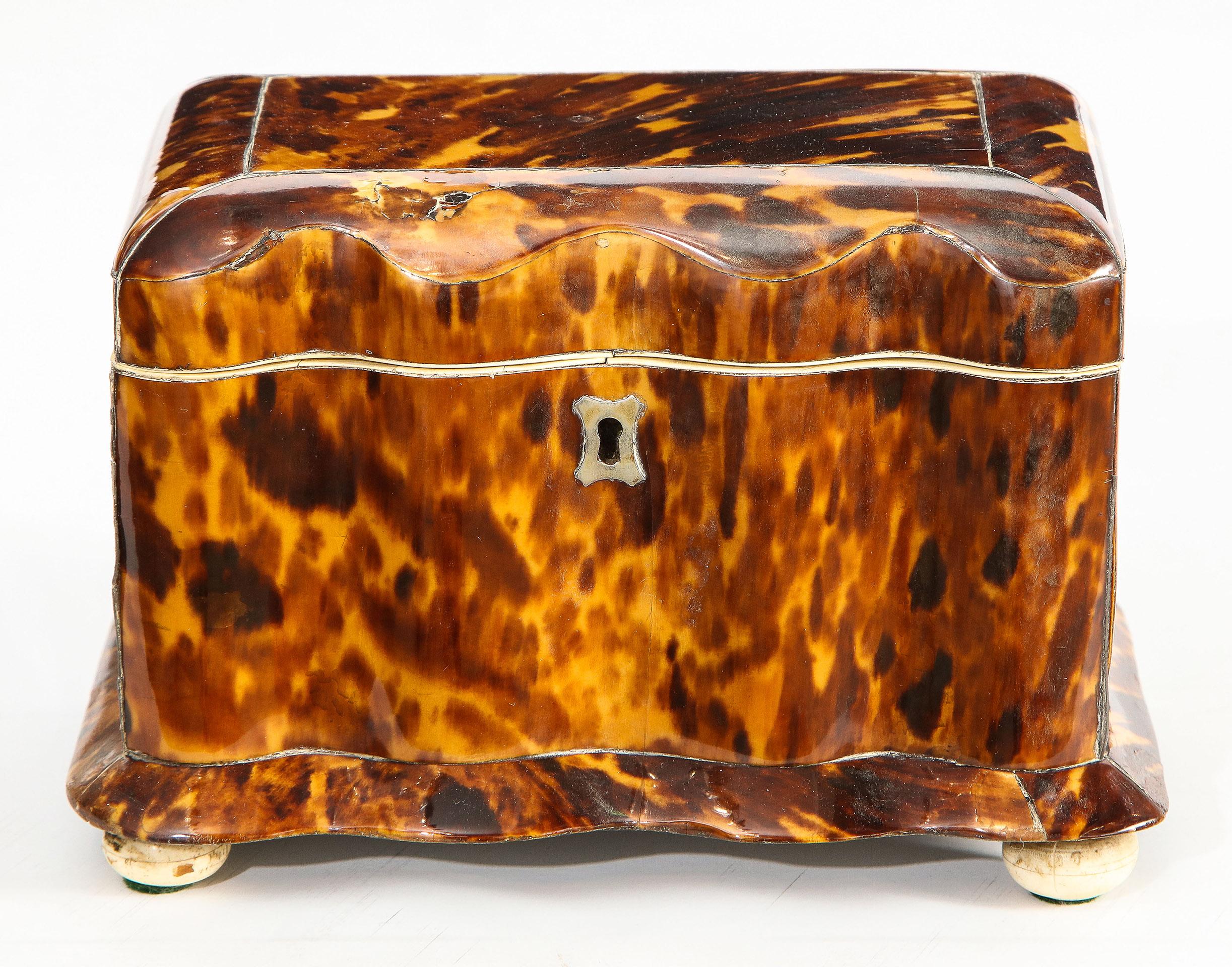 English Serpentine Form Regency Tortoise Shell Tea Caddy For Sale