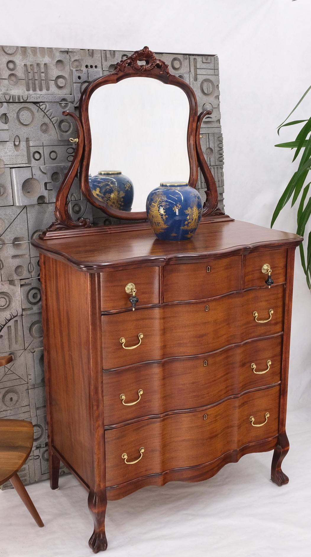 Serpentine Front 4 Drawers Swivel Mirror Mahogany Dresser High Chest Ball Claw 7
