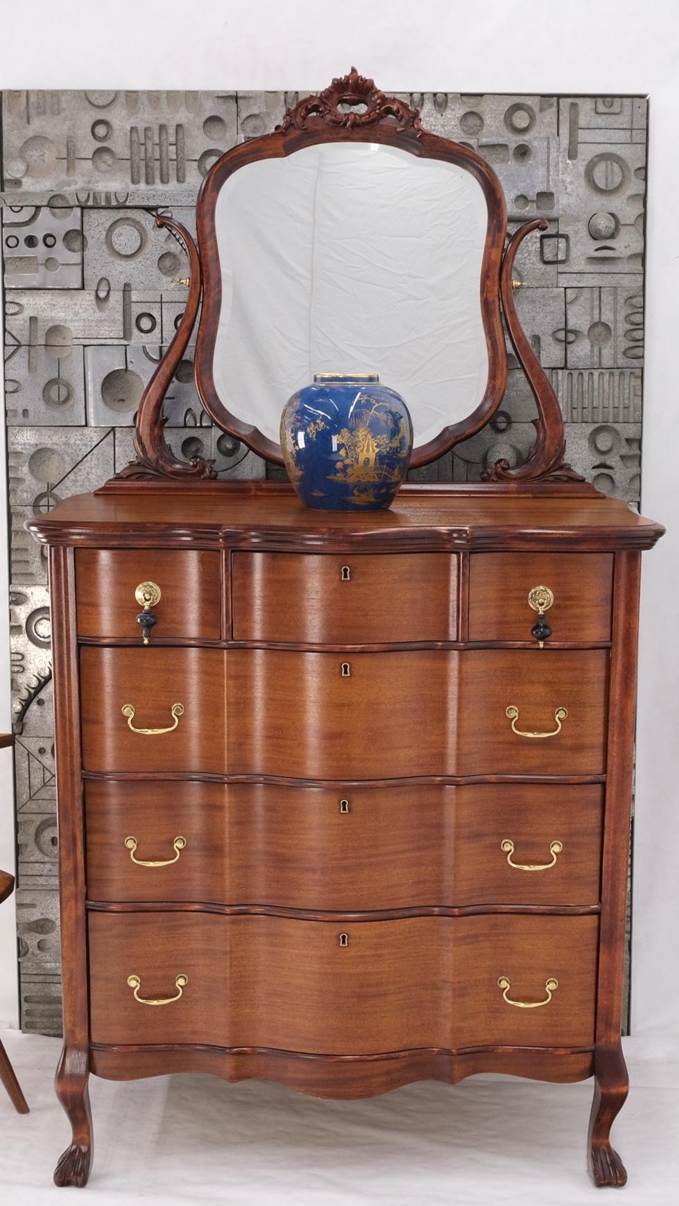 Serpentine Front 4 Drawers Swivel Mirror Mahogany Dresser High Chest Ball Claw 9