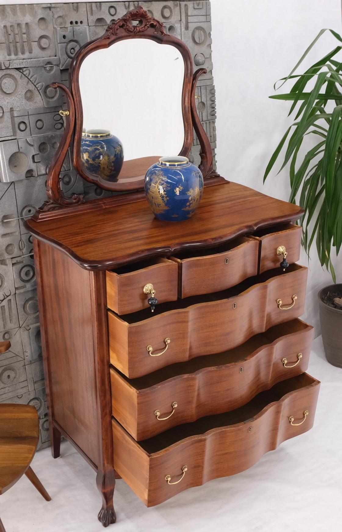 Serpentine front 4 drawers swivel mirror mahogany dresser high chest ball claw
No key included, top most lock is non-functional.