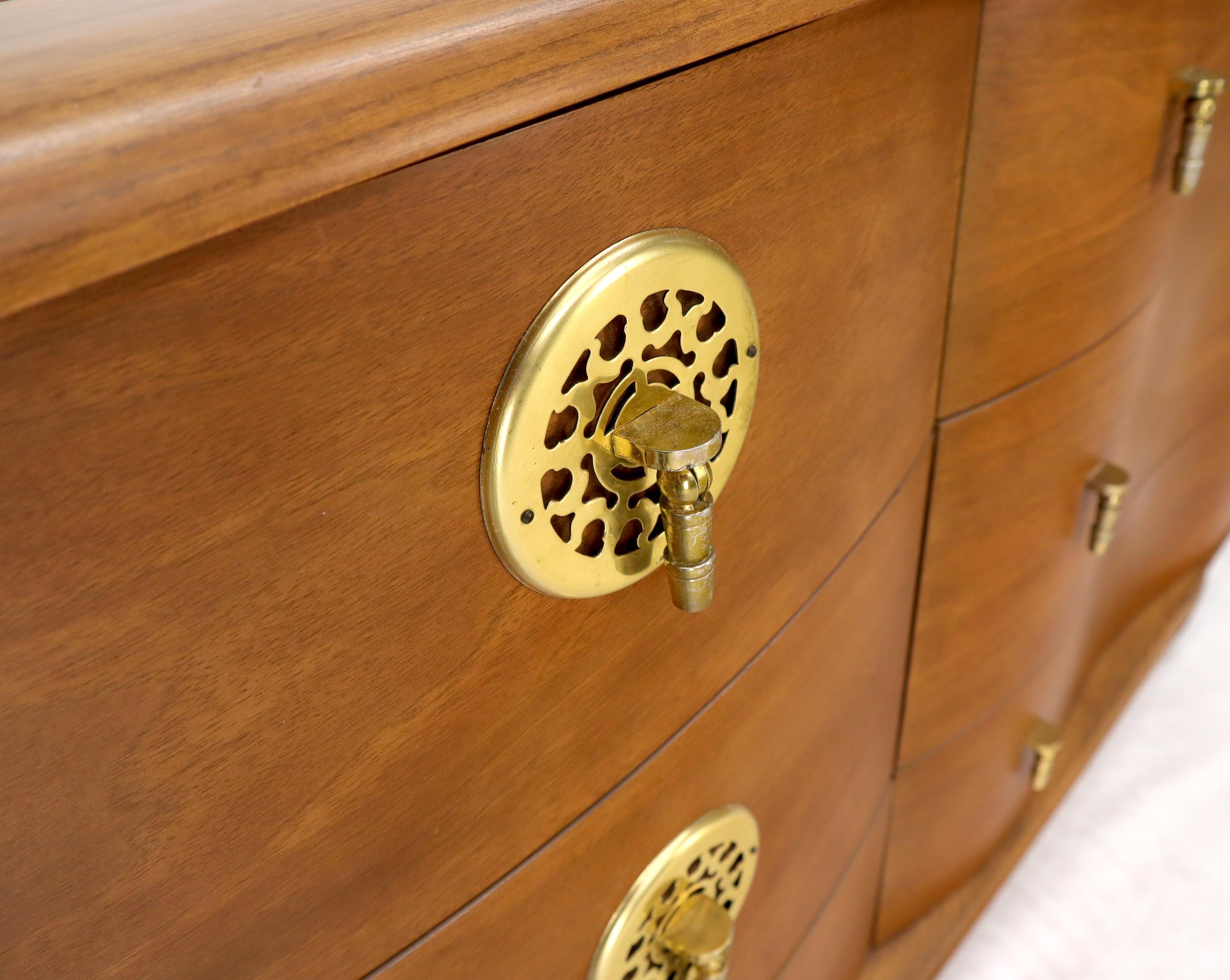 20th Century Serpentine Front Brass Hardware Twelve Drawers Walnut Triple Dresser Gibbings  