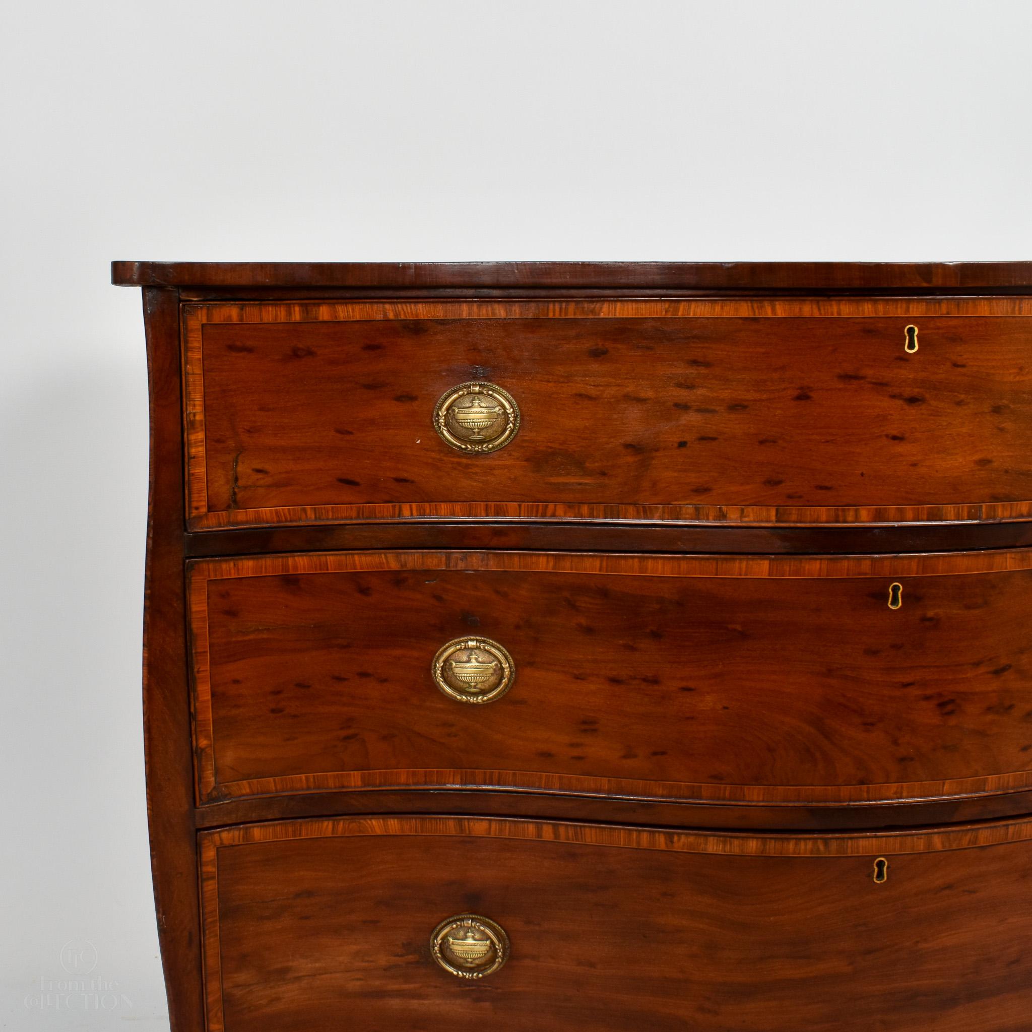 Serpentine fronted extremely fine mahogany commode circa 1780 George III. With three drawers each with a pair of brass handles. An exceptional example.