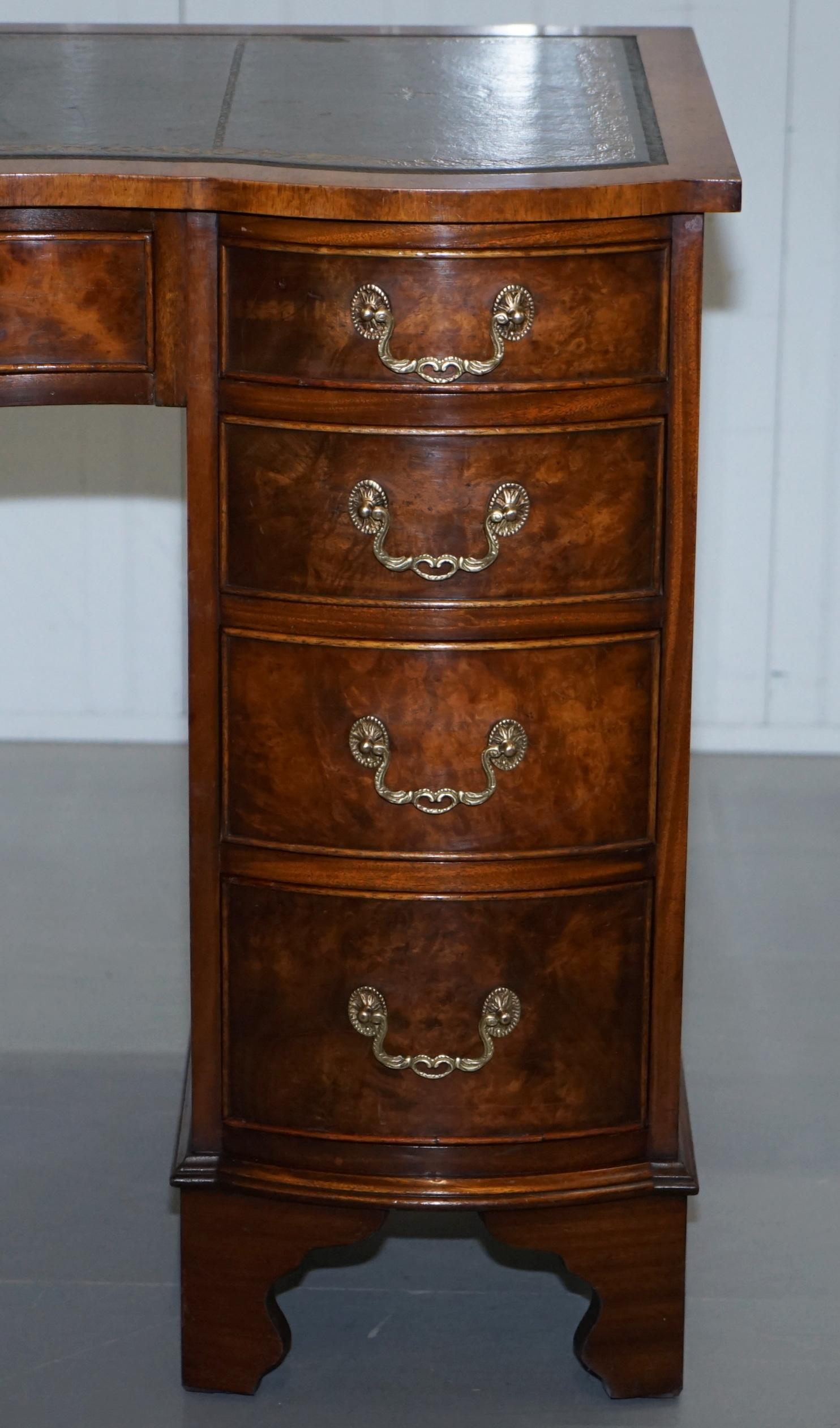 Serpentine Fronted Burr Burl Walnut Partner Knee Hole Desk Green Leather Top 3