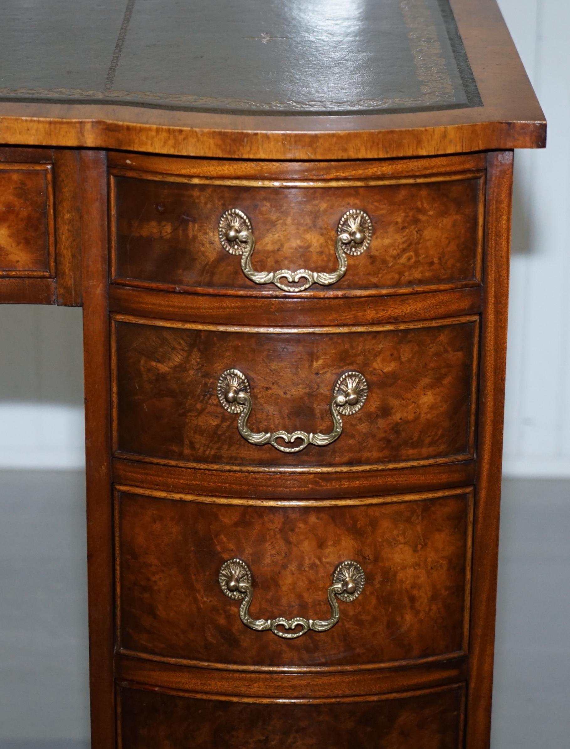 Serpentine Fronted Burr Burl Walnut Partner Knee Hole Desk Green Leather Top 4