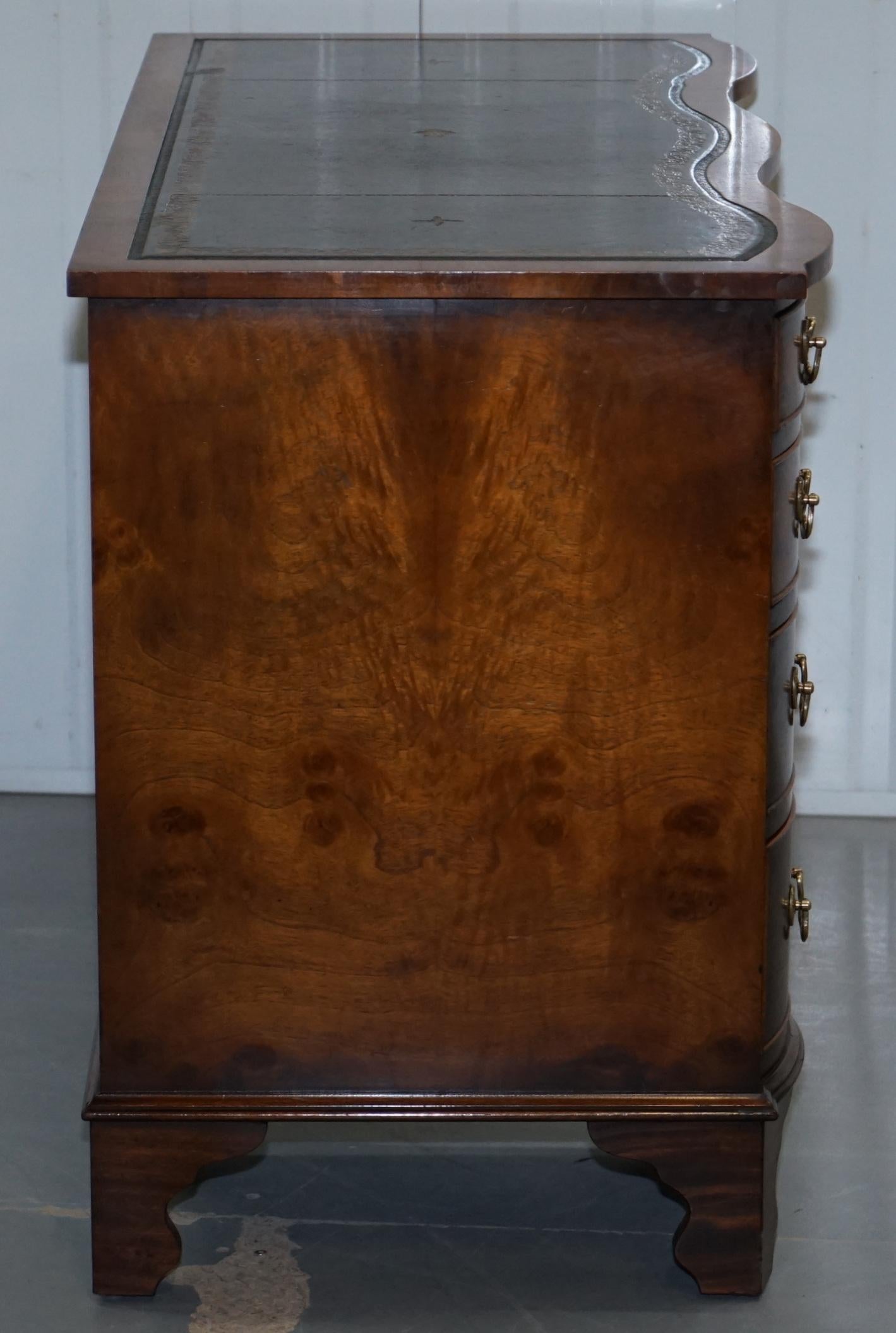 Serpentine Fronted Burr Burl Walnut Partner Knee Hole Desk Green Leather Top 6