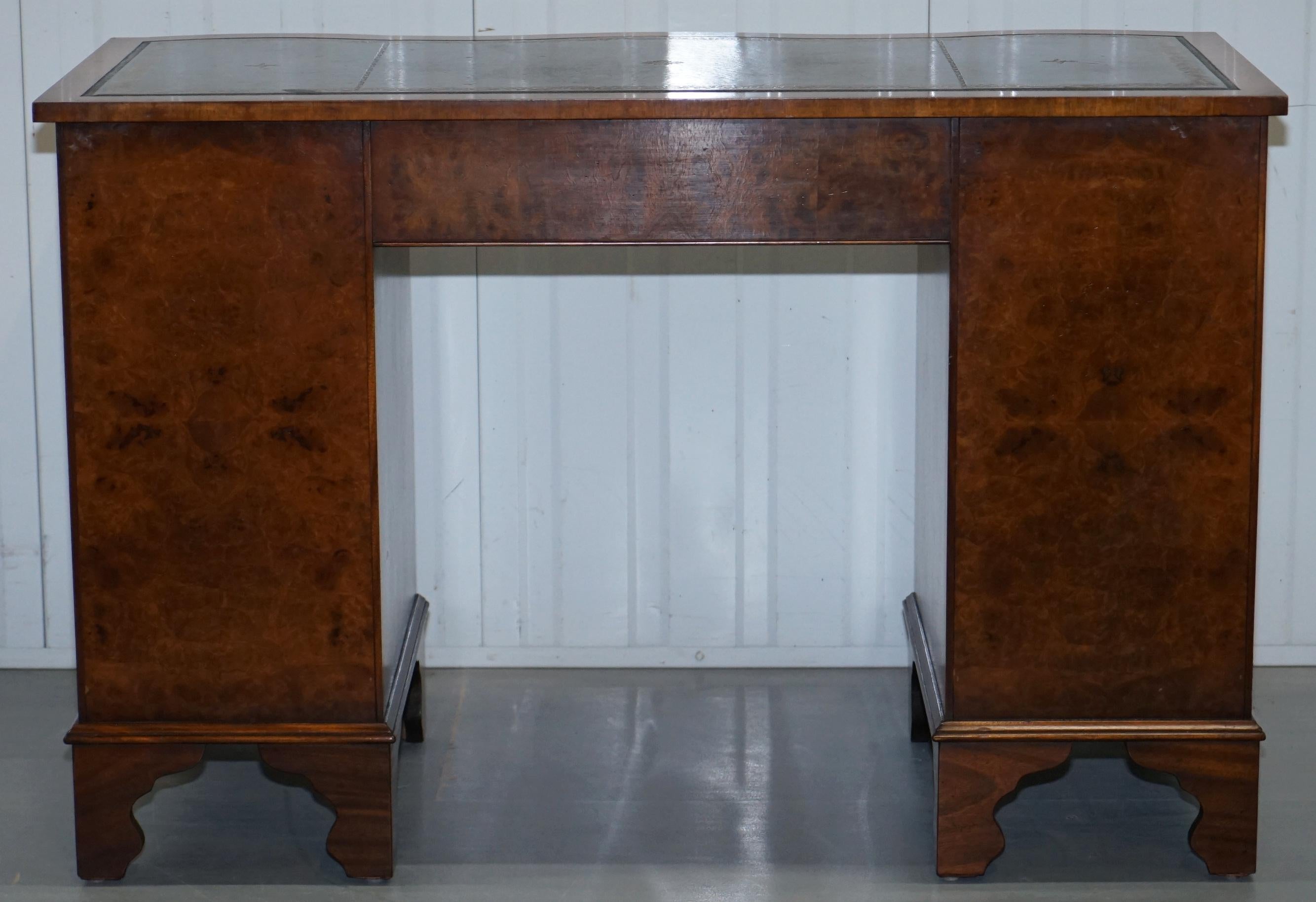 Serpentine Fronted Burr Burl Walnut Partner Knee Hole Desk Green Leather Top 7