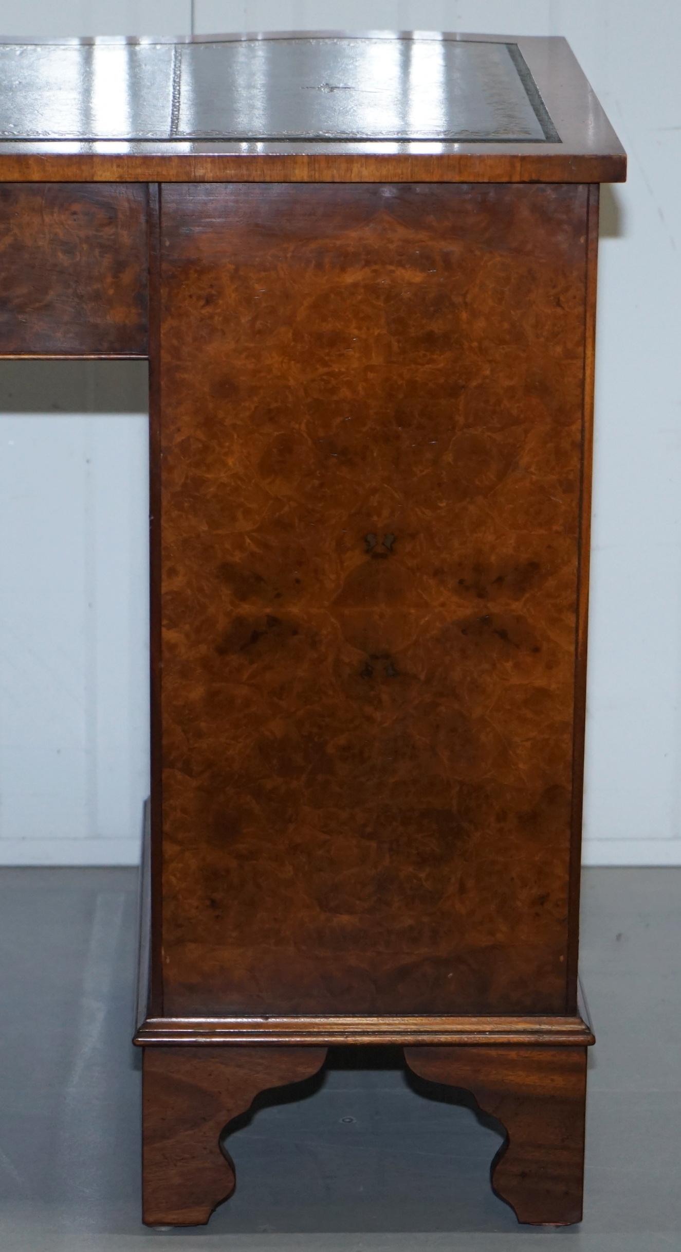 Serpentine Fronted Burr Burl Walnut Partner Knee Hole Desk Green Leather Top 8